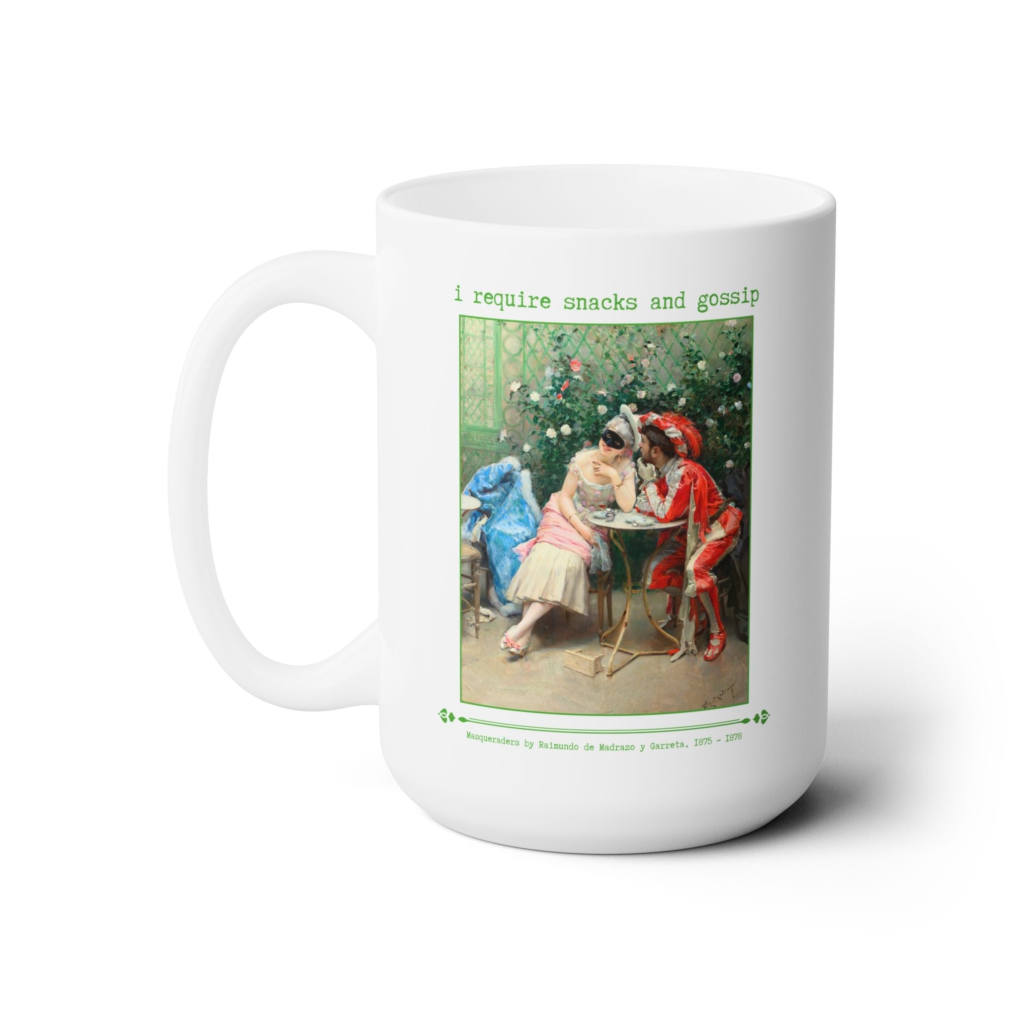 I Require Snacks and Gossip Coffee Mug: Funny Art History Lover Gift for Friend Who Loves Long Coffee Dates, Colorful Rococo Art History - Opal and June