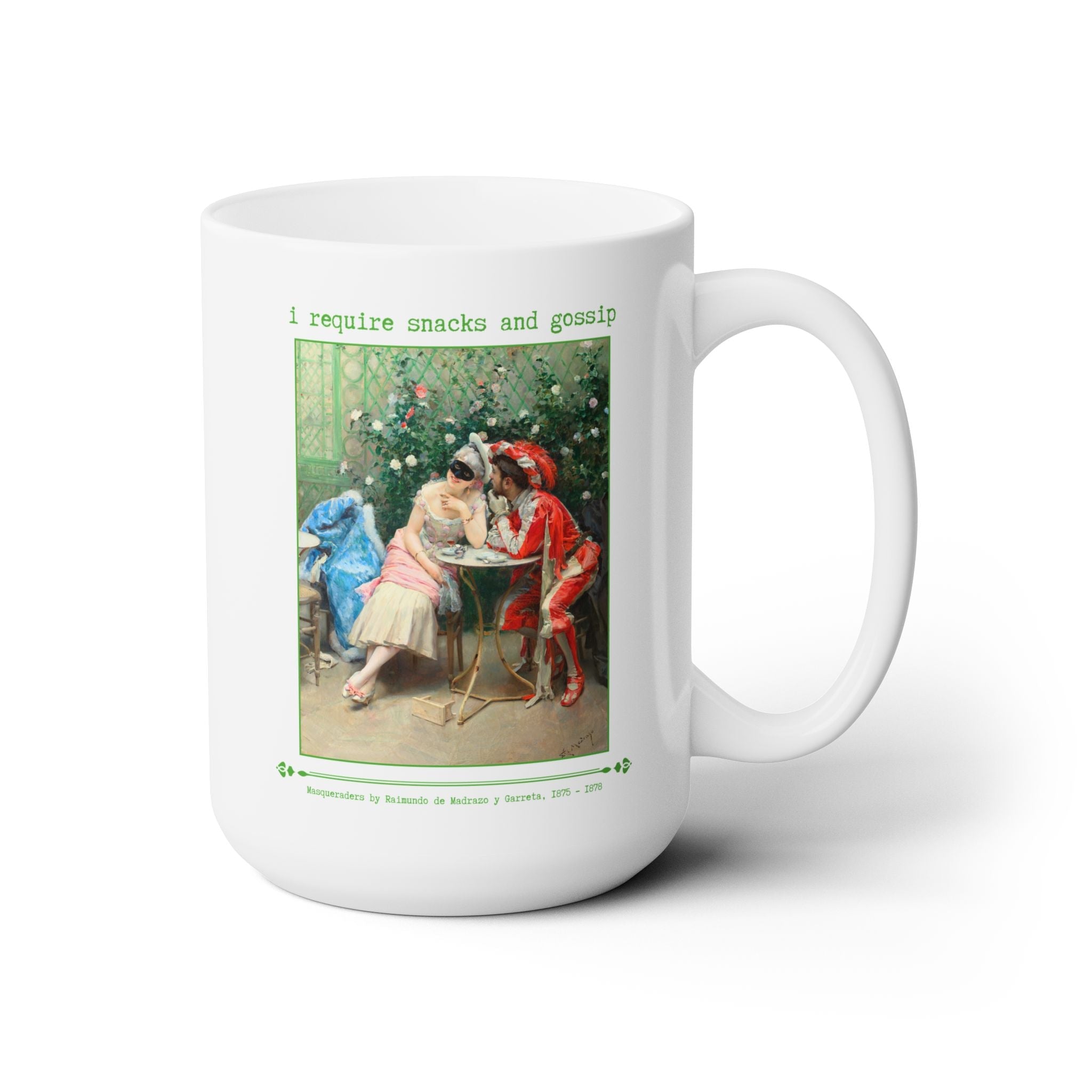I Require Snacks and Gossip Coffee Mug: Funny Art History Lover Gift for Friend Who Loves Long Coffee Dates, Colorful Rococo Art History - Opal and June