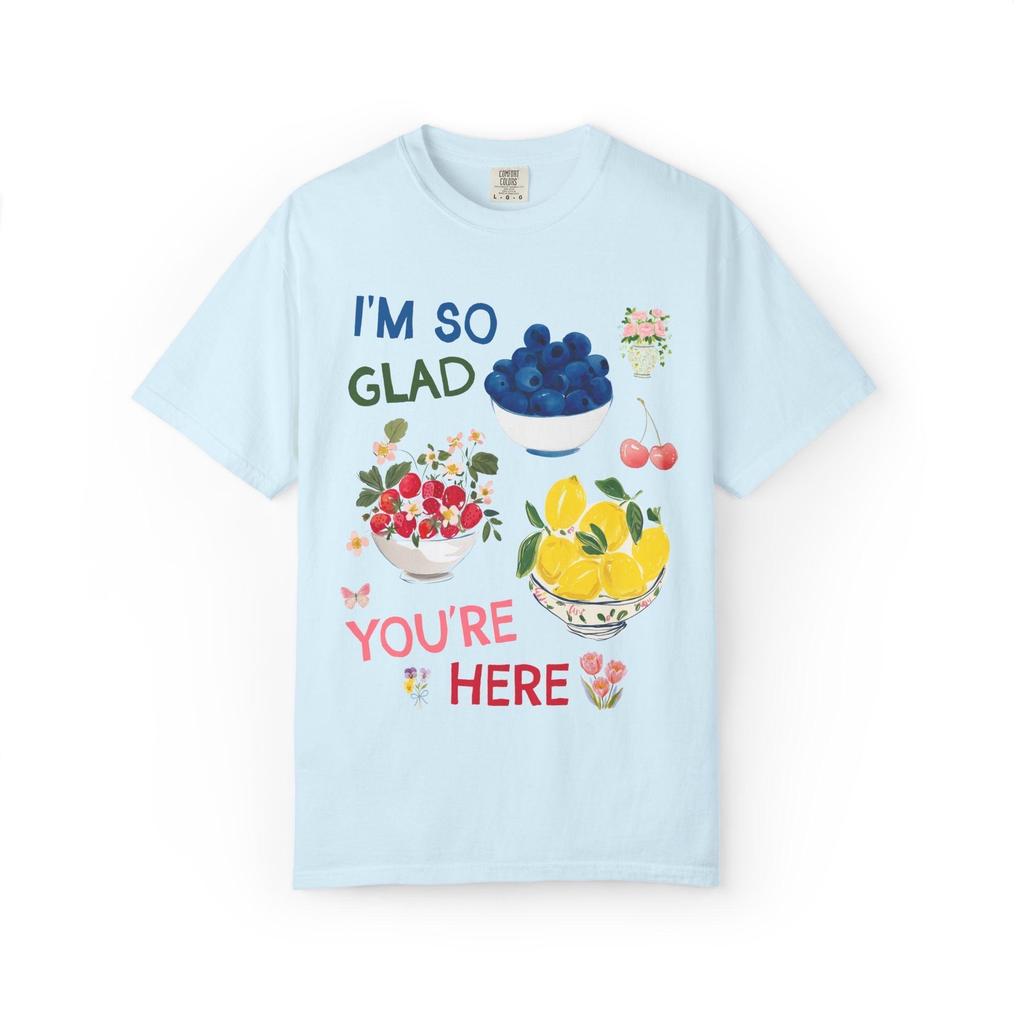I'm So Glad You're Here Back to School Teacher T-Shirt with Strawberries Lemons and Blueberry Fruit, Whimsical Teacher Tee for First Day - Opal and June