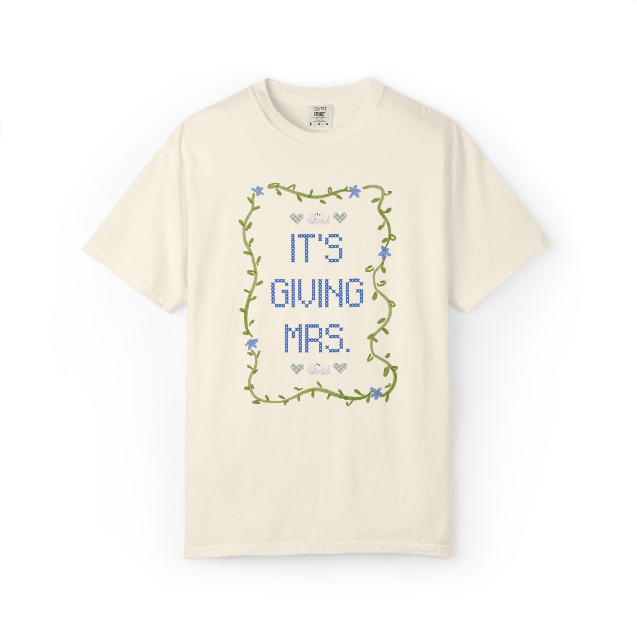 It's Giving Mrs. Bridal and Matching Bachelorette Tee Shirt with Swans and Flowers: Cute and Nostalgic Bachelorette Party Bridesmaid Tee - Opal and June
