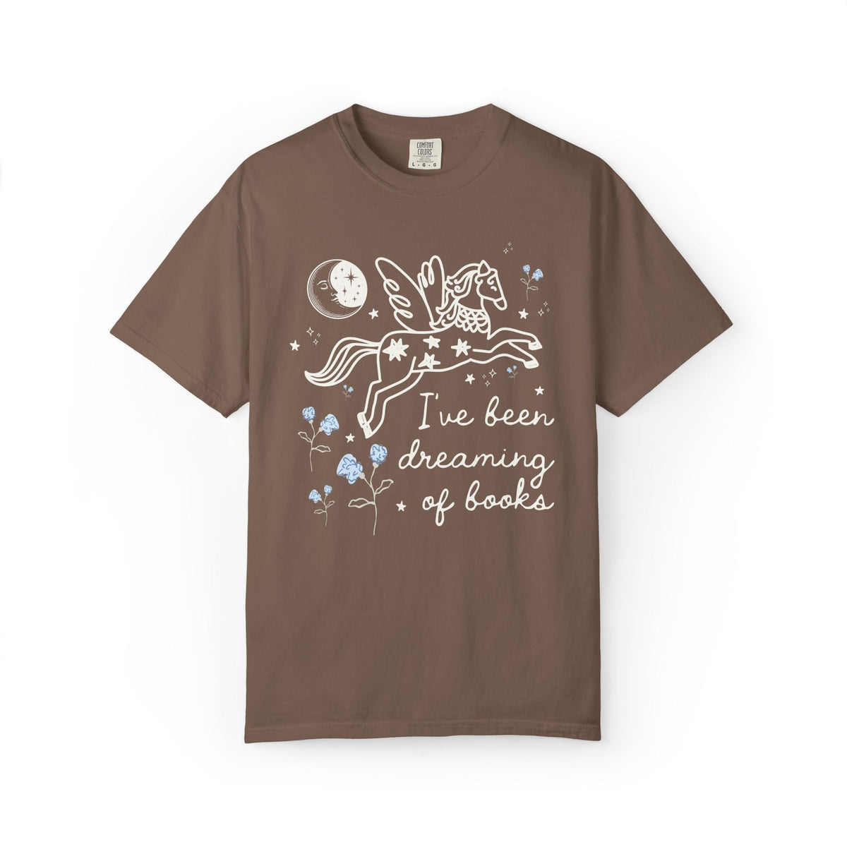 I've Been Dreaming of Books Bookish T-Shirt with Whimsy Kitschy Pegasus and Flowers, Sweet Goblincore Book Lover Tee Shirt for Bookworm - Opal and June
