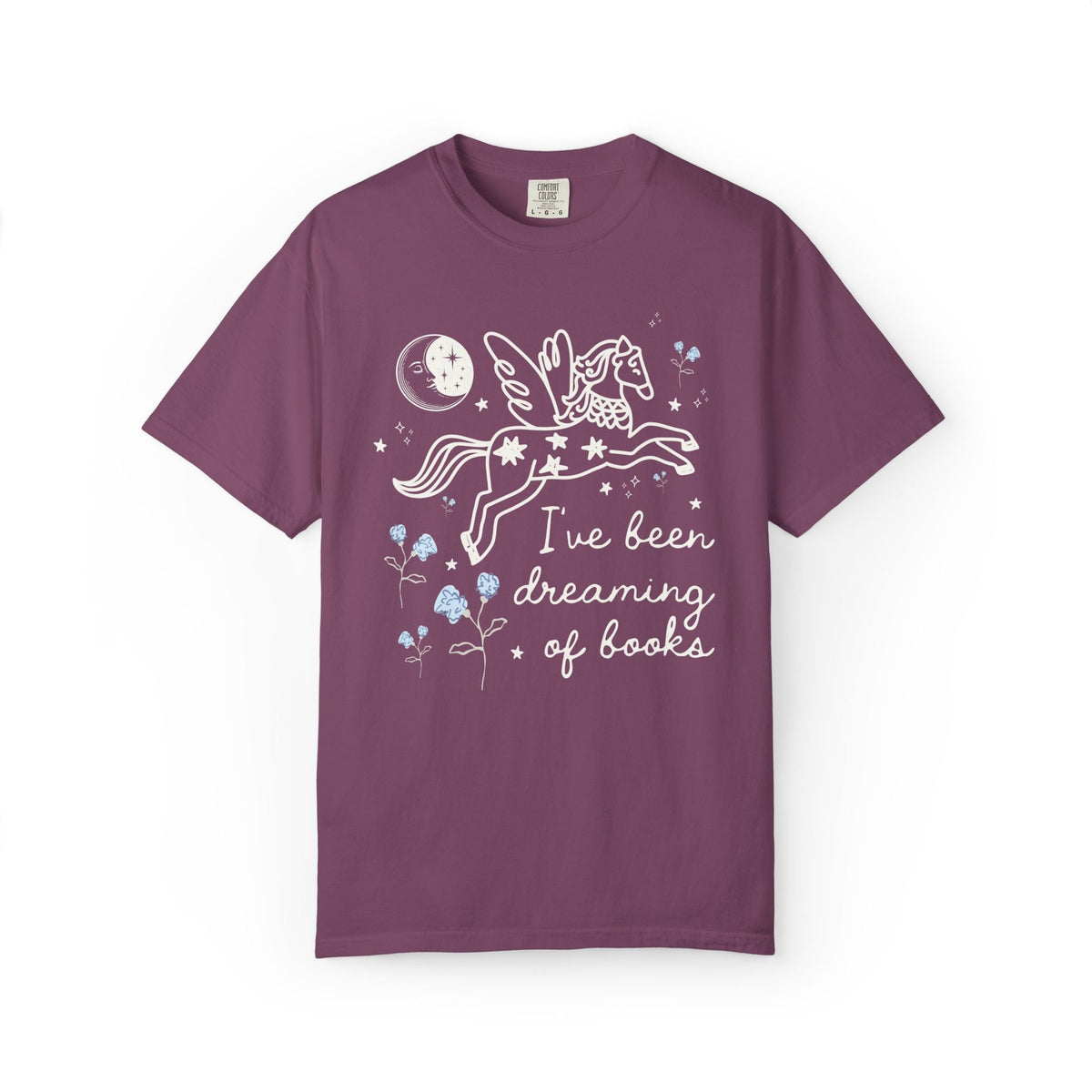 I've Been Dreaming of Books Bookish T-Shirt with Whimsy Kitschy Pegasus and Flowers, Sweet Goblincore Book Lover Tee Shirt for Bookworm - Opal and June