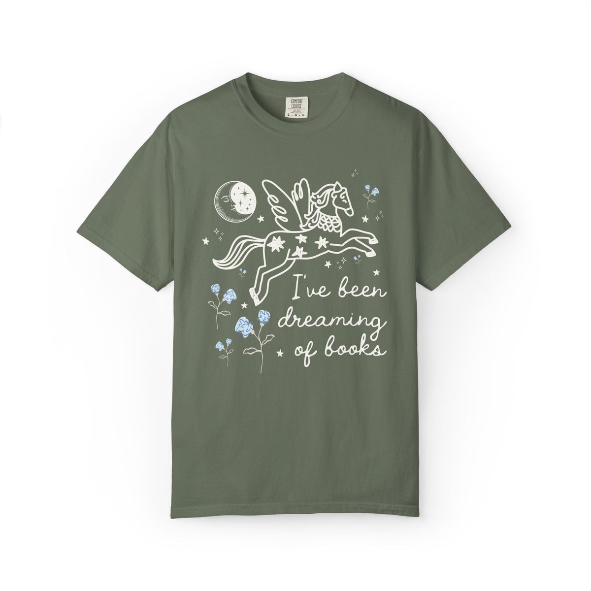 I've Been Dreaming of Books Bookish T-Shirt with Whimsy Kitschy Pegasus and Flowers, Sweet Goblincore Book Lover Tee Shirt for Bookworm - Opal and June