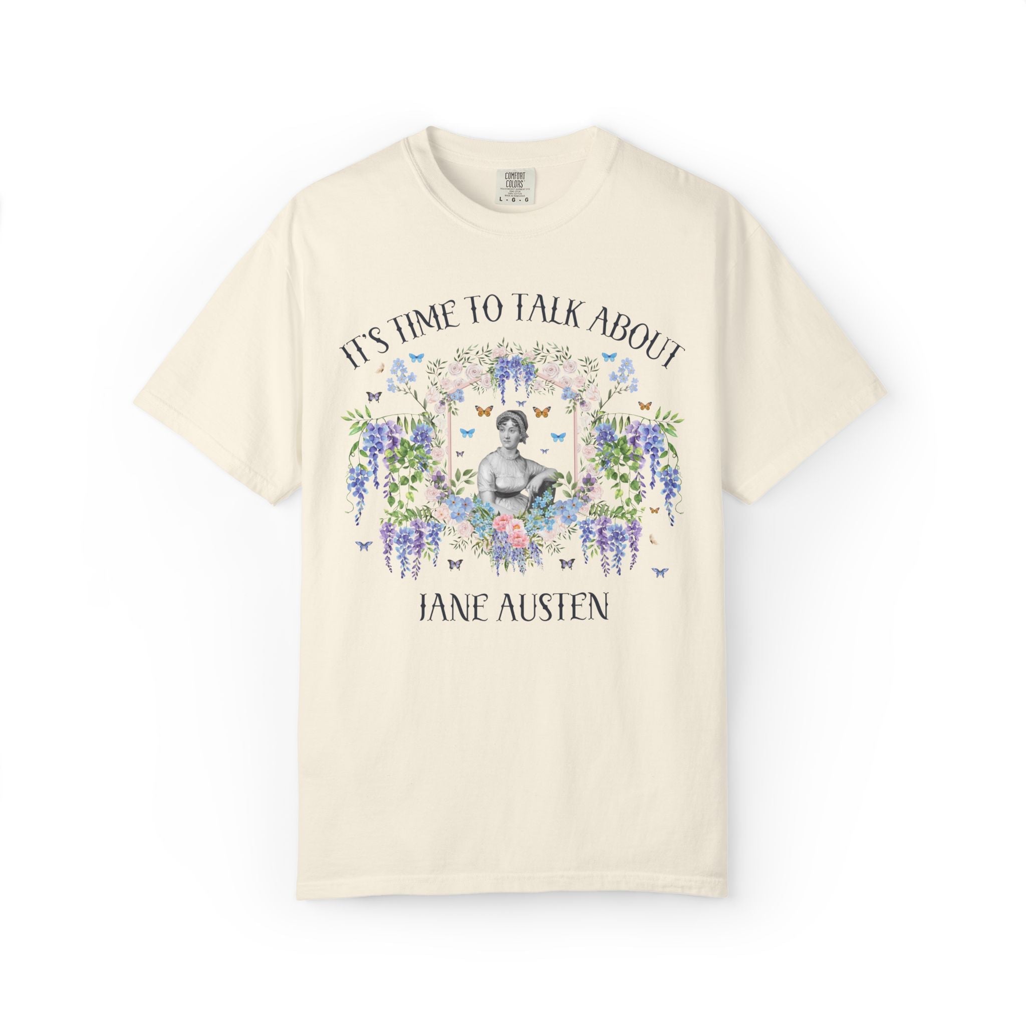 Jane Austen Book Lover Tee Shirt for Classic Literature Reader or English Professor, Bookish T-Shirt with Butterflies, 19th Century Books - Opal and June