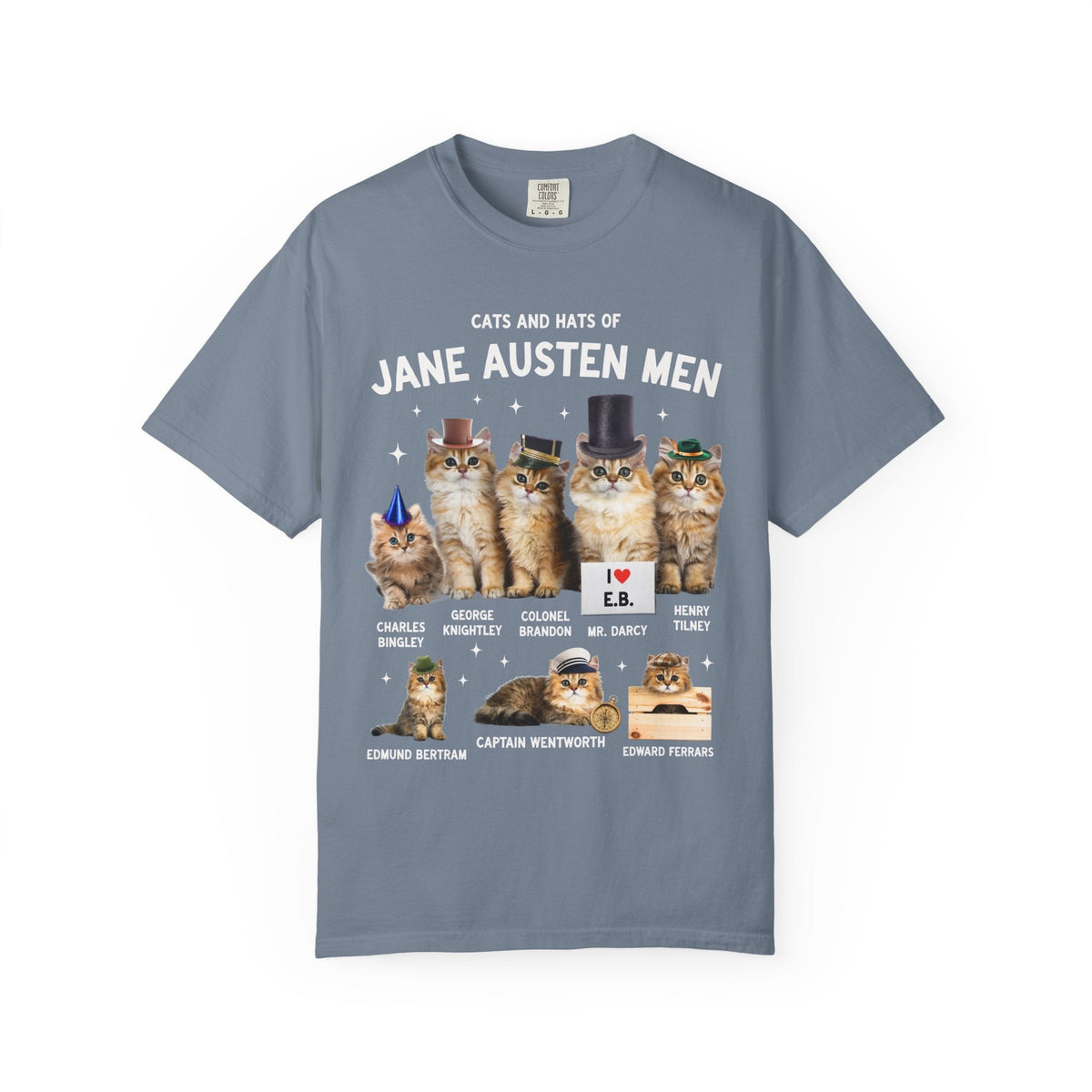 Jane Austen Cat Lover Tee Shirt: Cats and Hats of Jane Austen Men, Funny Classic Literature T-Shirt for Bookworm, 1800s Romance Reader - Opal and June
