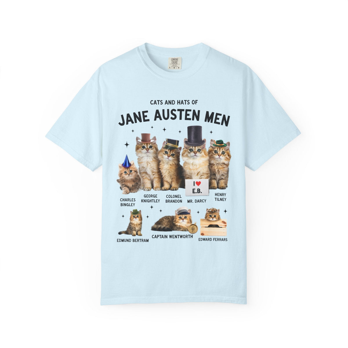 Jane Austen Cat Lover Tee Shirt: Cats and Hats of Jane Austen Men, Funny Classic Literature T-Shirt for Bookworm, 1800s Romance Reader - Opal and June