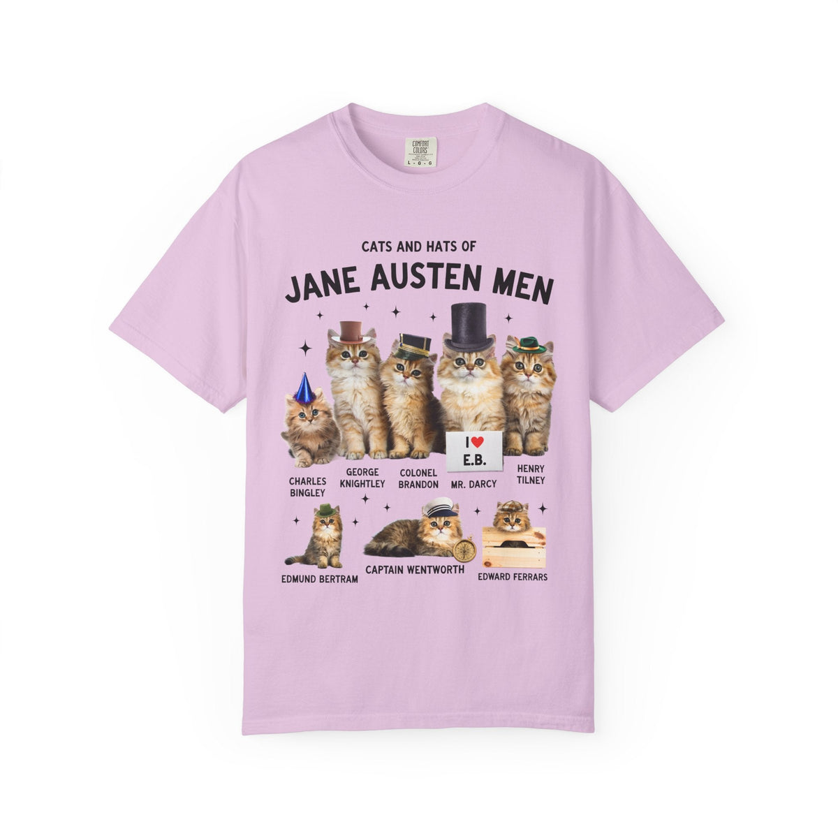 Jane Austen Cat Lover Tee Shirt: Cats and Hats of Jane Austen Men, Funny Classic Literature T-Shirt for Bookworm, 1800s Romance Reader - Opal and June