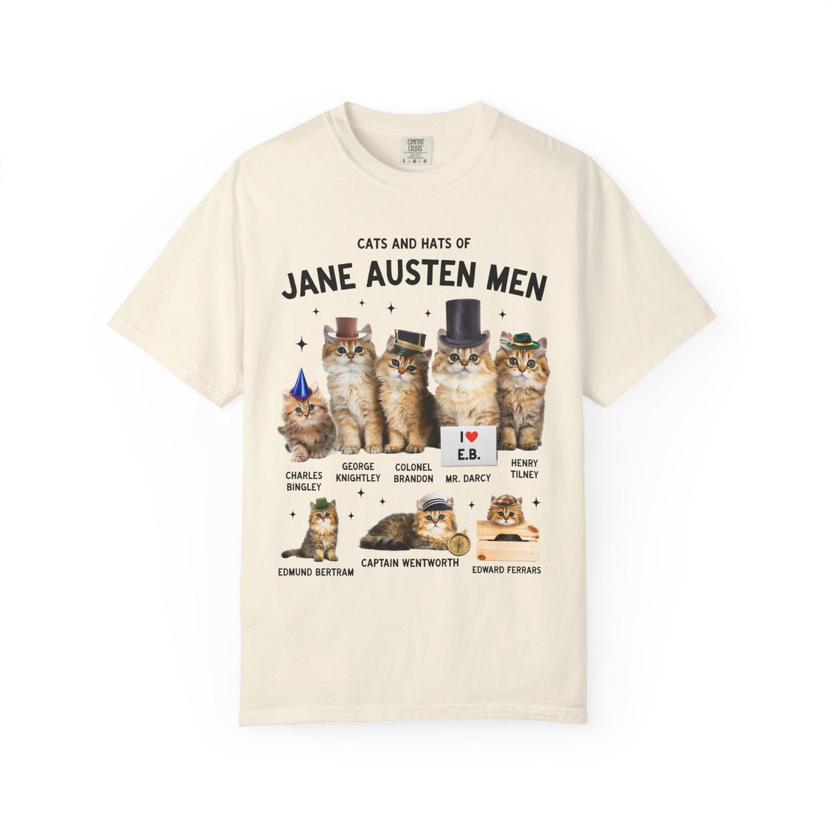 Jane Austen Cat Lover Tee Shirt: Cats and Hats of Jane Austen Men, Funny Classic Literature T-Shirt for Bookworm, 1800s Romance Reader - Opal and June