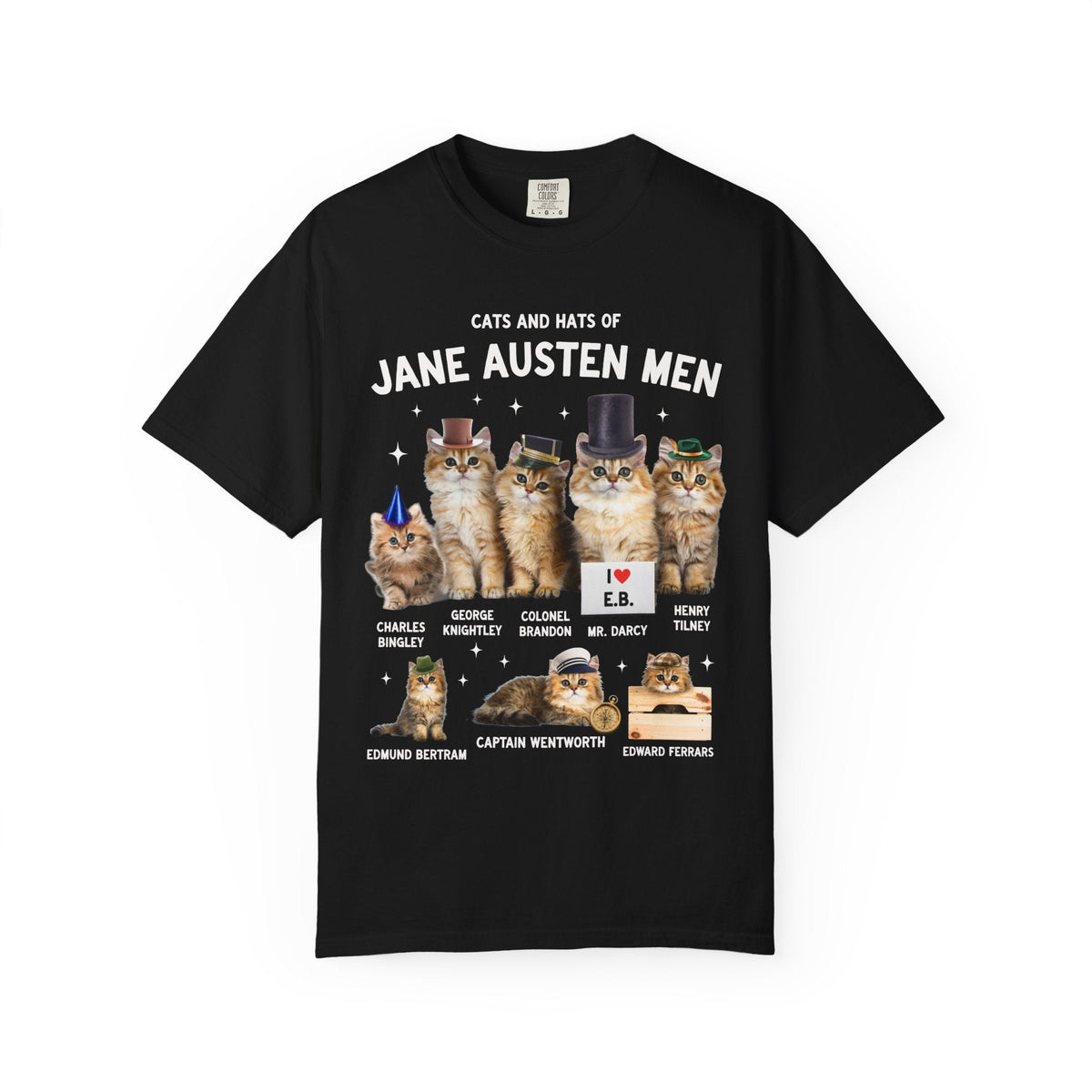 Jane Austen Cat Lover Tee Shirt: Cats and Hats of Jane Austen Men, Funny Classic Literature T-Shirt for Bookworm, 1800s Romance Reader - Opal and June