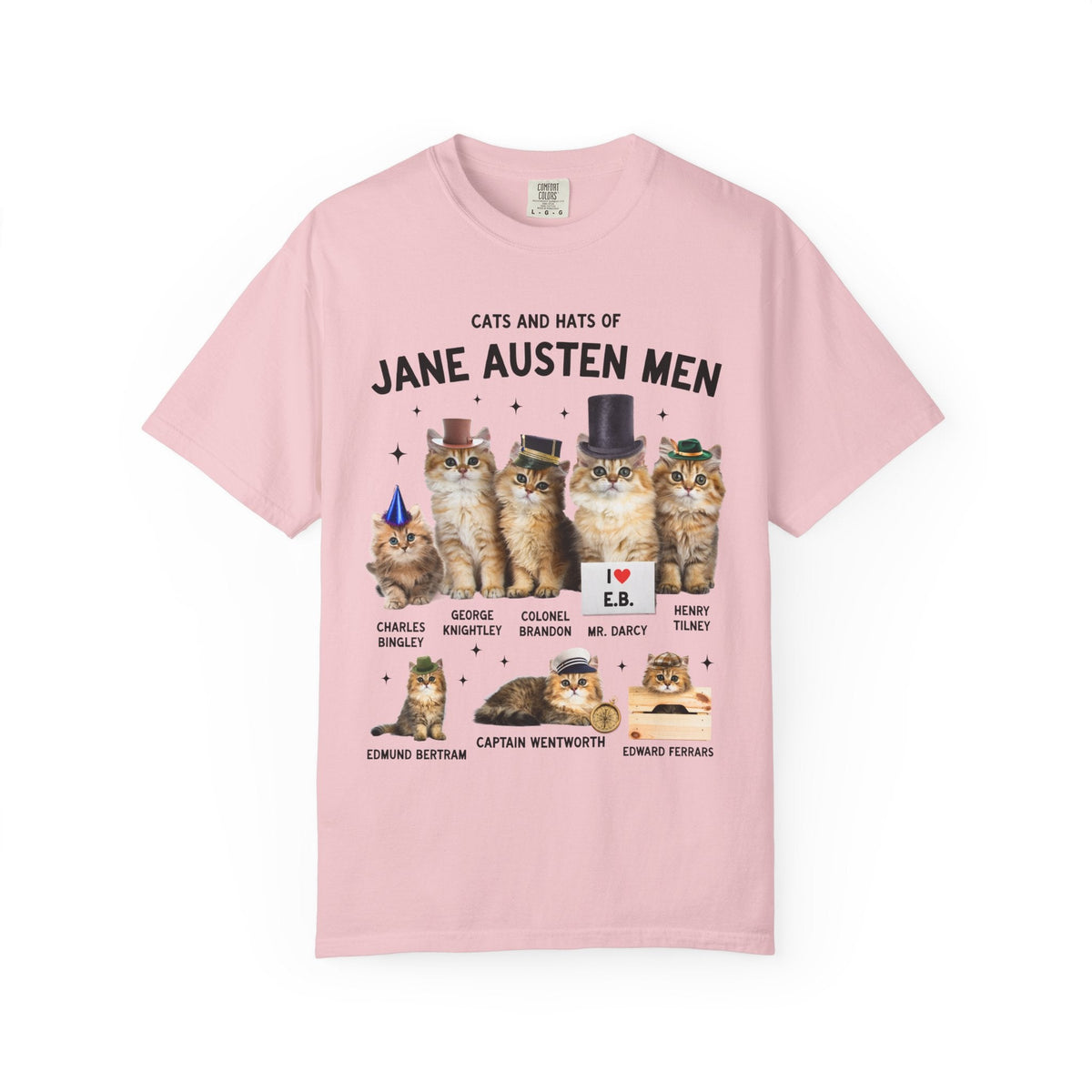 Jane Austen Cat Lover Tee Shirt: Cats and Hats of Jane Austen Men, Funny Classic Literature T-Shirt for Bookworm, 1800s Romance Reader - Opal and June