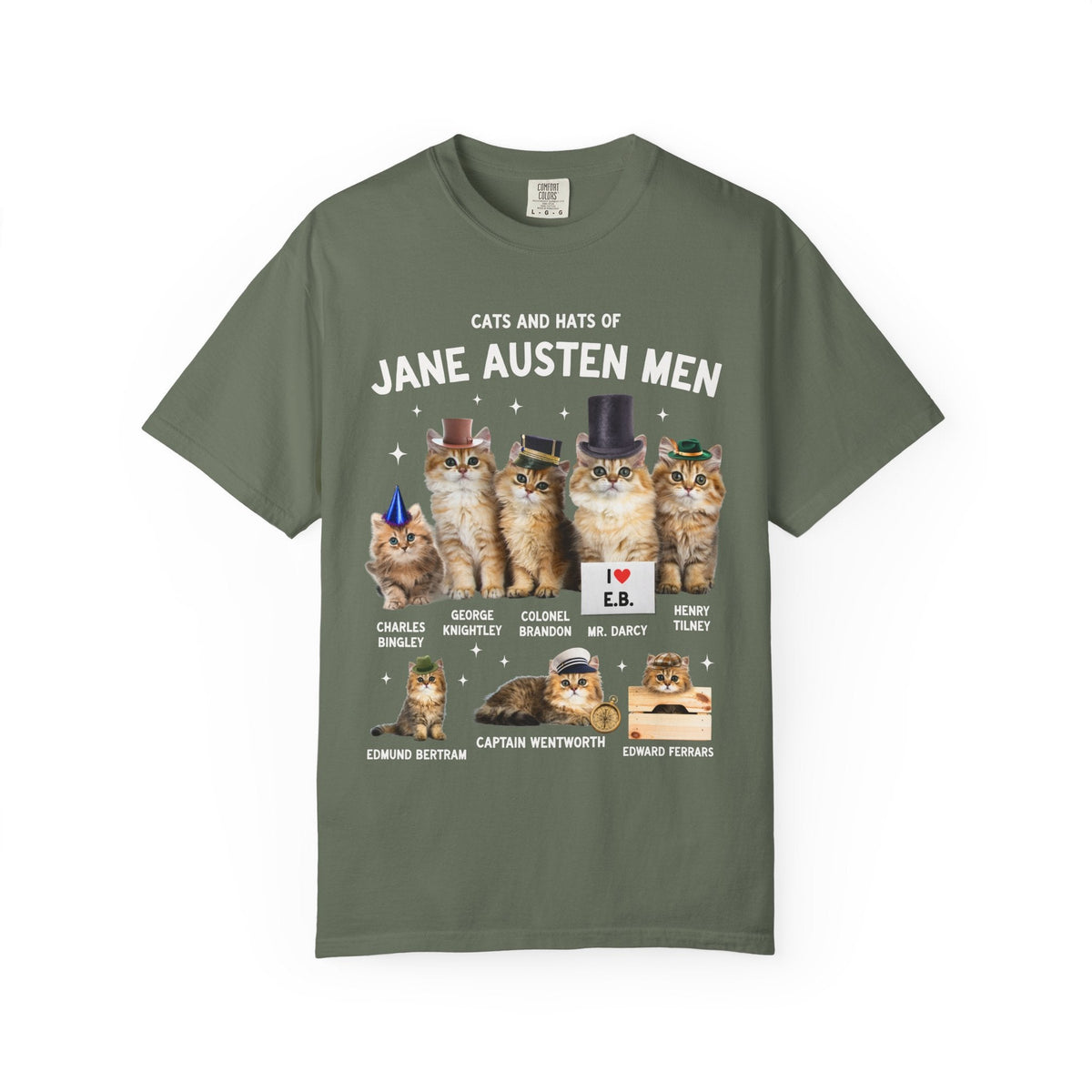 Jane Austen Cat Lover Tee Shirt: Cats and Hats of Jane Austen Men, Funny Classic Literature T-Shirt for Bookworm, 1800s Romance Reader - Opal and June