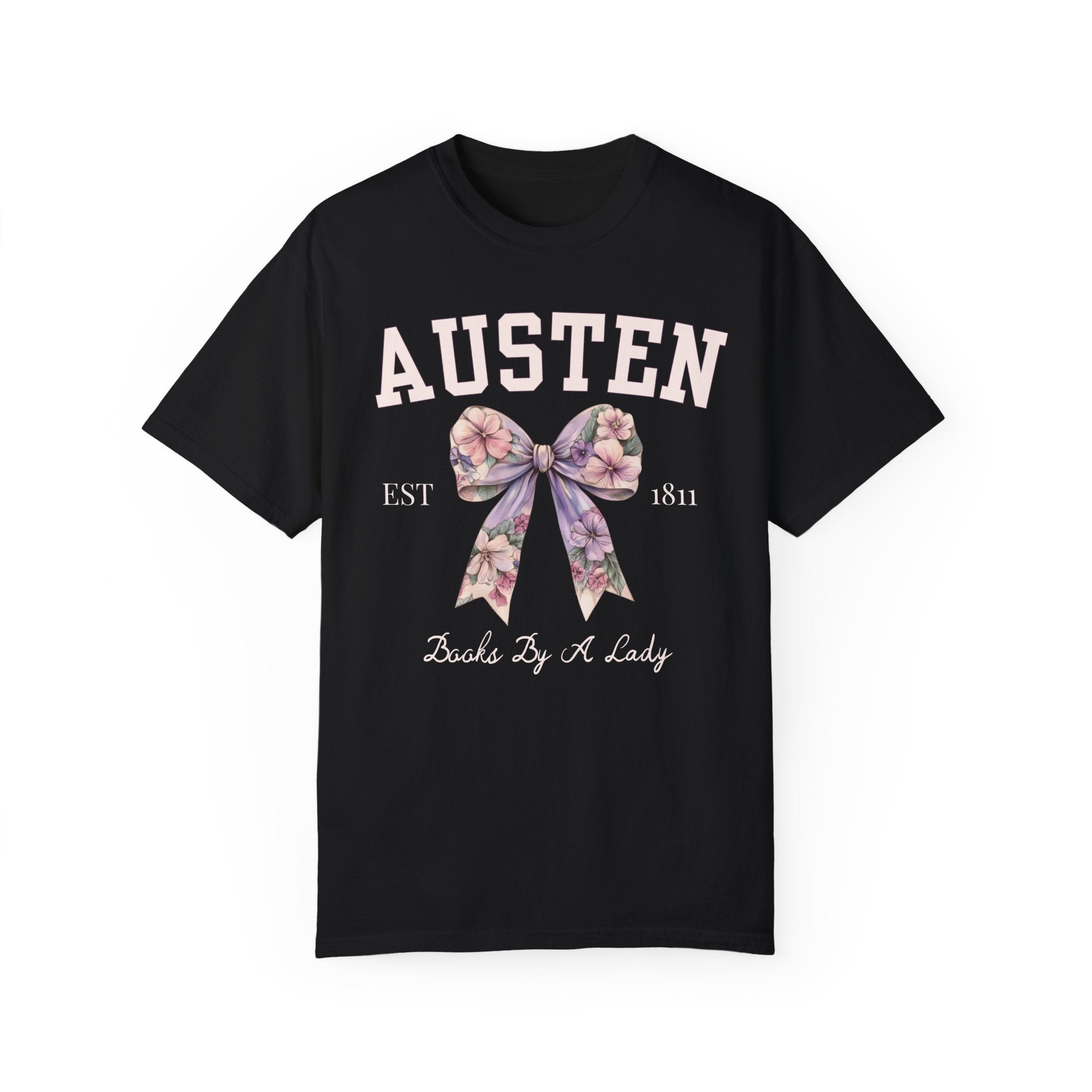Jane Austen Tee Shirt with Cute Floral Bow: Books by a Lady, Cute Historical Romance T-Shirt for Bookworm, Classic Literature Romance Reader - Opal and June