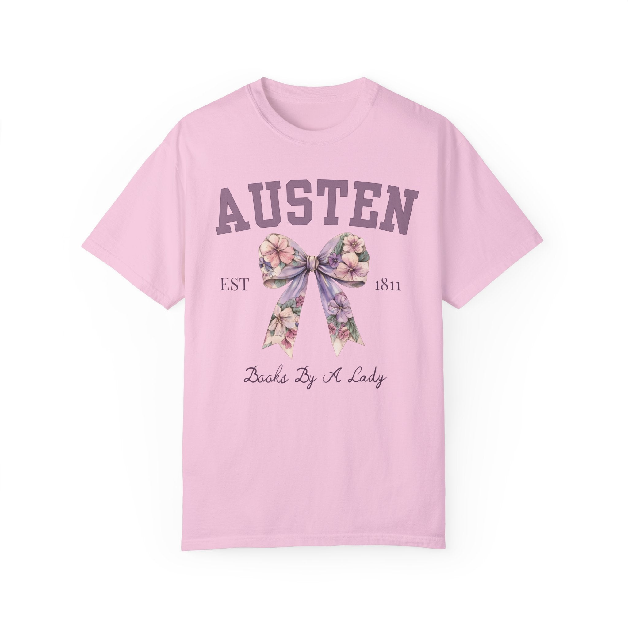 Jane Austen Tee Shirt with Cute Floral Bow: Books by a Lady, Cute Historical Romance T-Shirt for Bookworm, Classic Literature Romance Reader - Opal and June