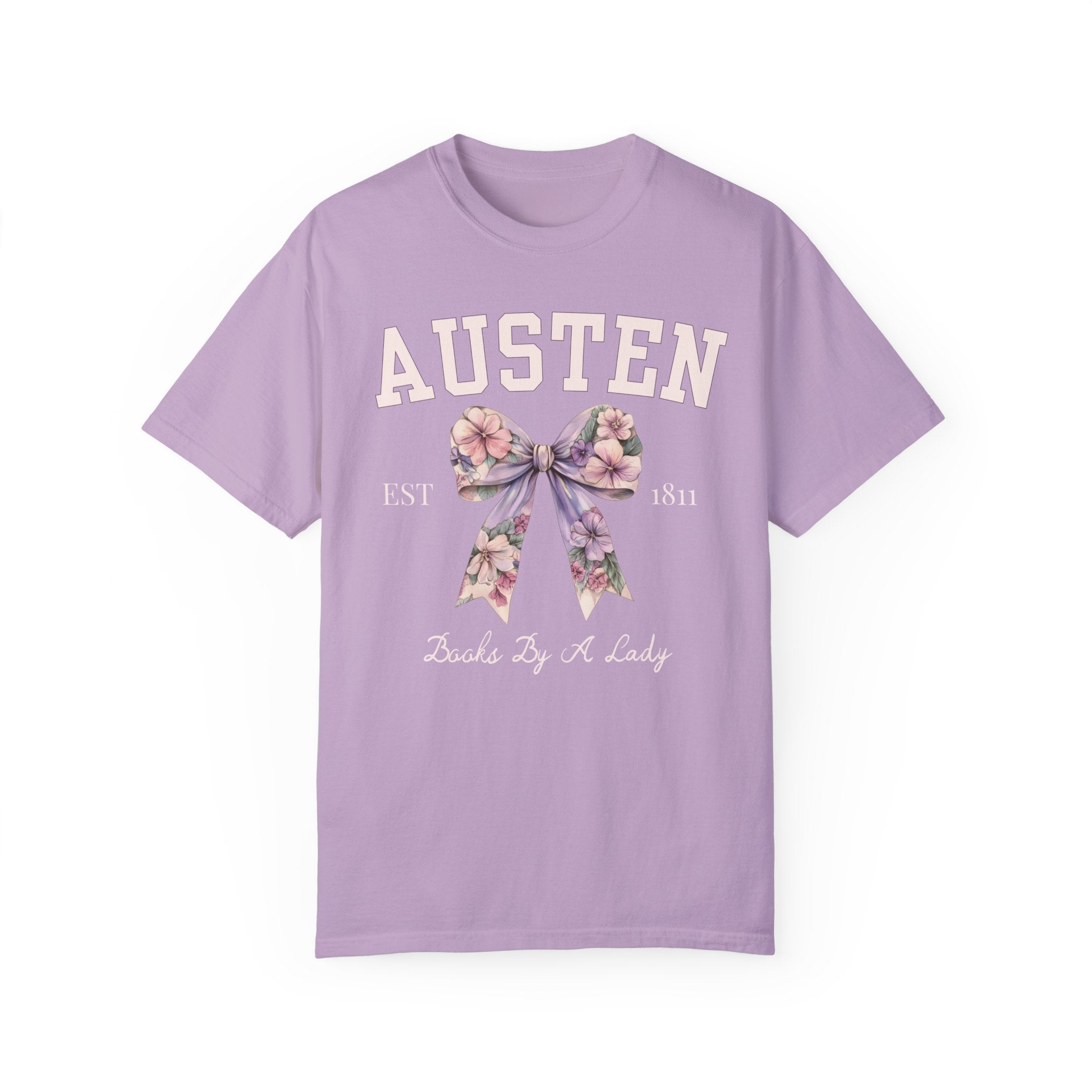 Jane Austen Tee Shirt with Cute Floral Bow: Books by a Lady, Cute Historical Romance T-Shirt for Bookworm, Classic Literature Romance Reader - Opal and June