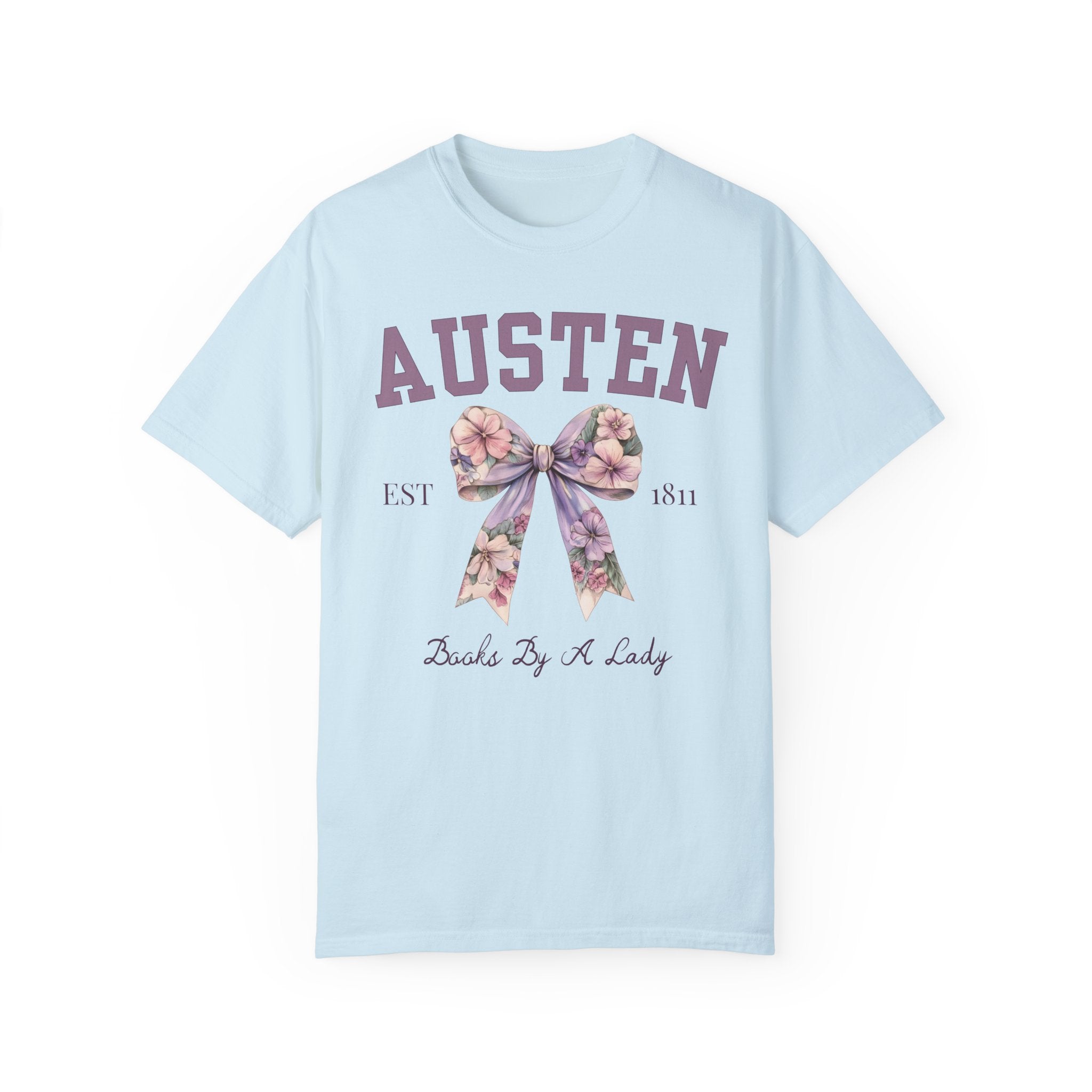 Jane Austen Tee Shirt with Cute Floral Bow: Books by a Lady, Cute Historical Romance T-Shirt for Bookworm, Classic Literature Romance Reader - Opal and June