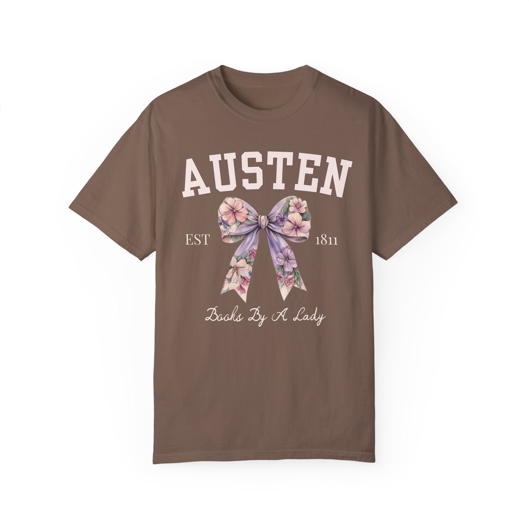 Jane Austen Tee Shirt with Cute Floral Bow: Books by a Lady, Cute Historical Romance T-Shirt for Bookworm, Classic Literature Romance Reader - Opal and June
