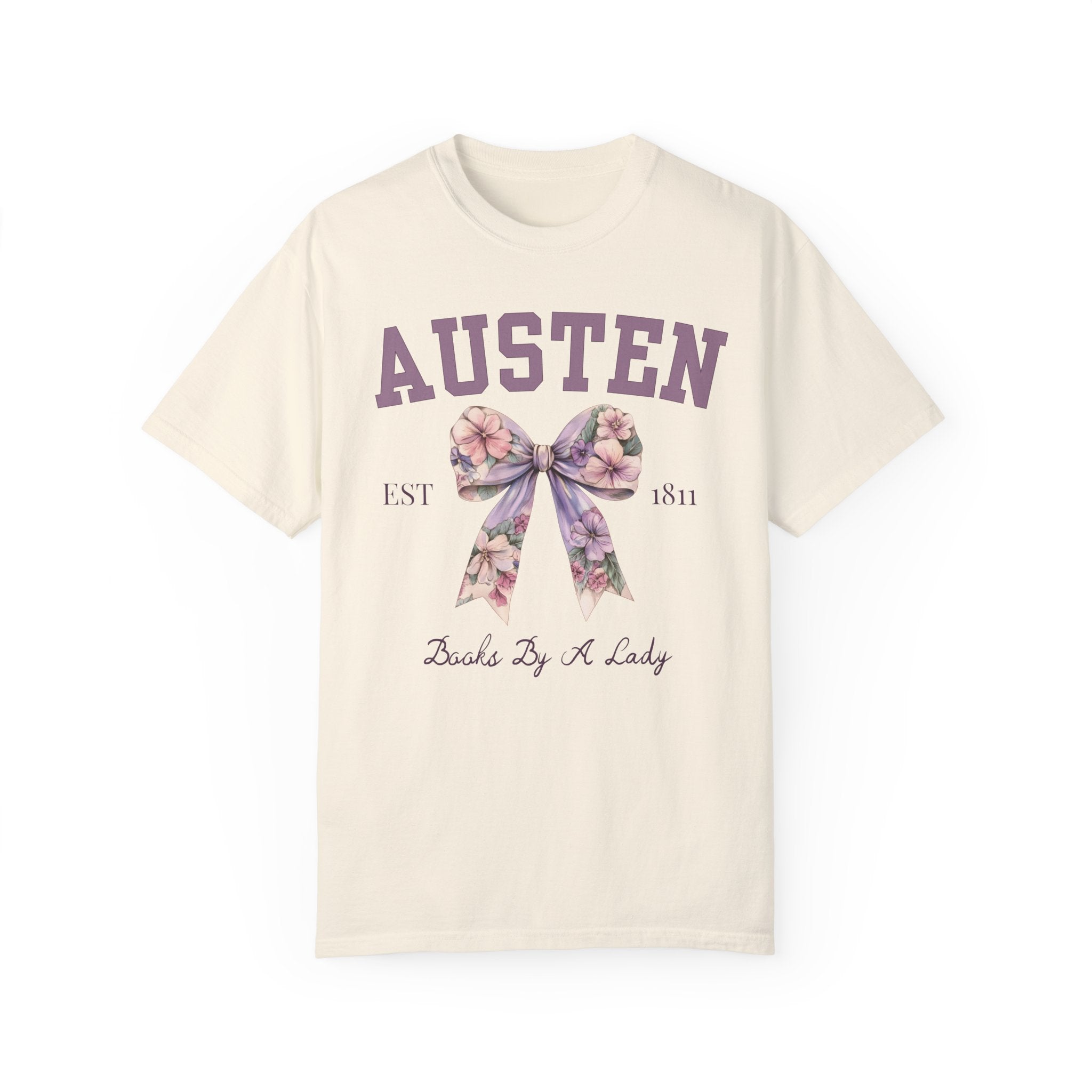 Jane Austen Tee Shirt with Cute Floral Bow: Books by a Lady, Cute Historical Romance T-Shirt for Bookworm, Classic Literature Romance Reader - Opal and June