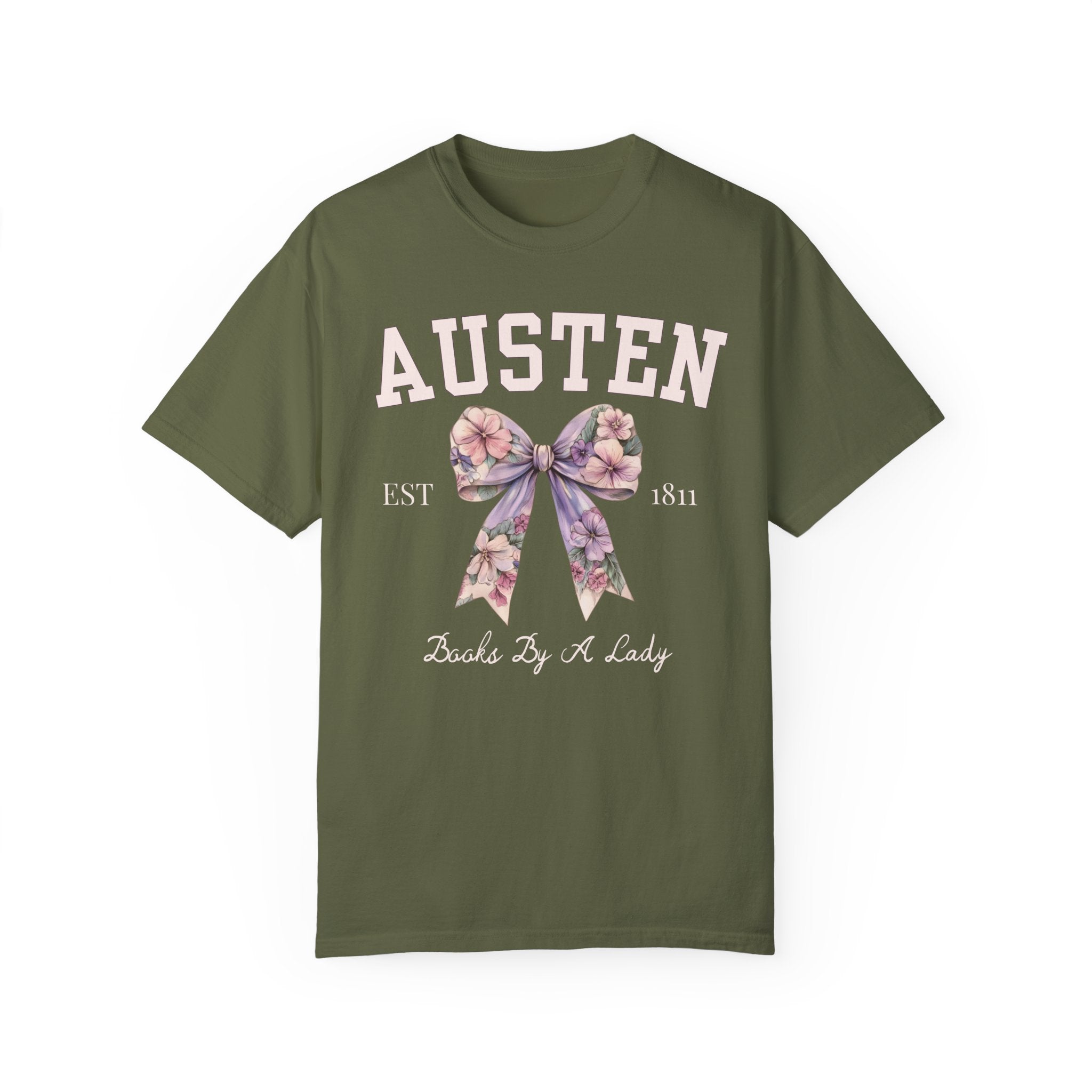 Jane Austen Tee Shirt with Cute Floral Bow: Books by a Lady, Cute Historical Romance T-Shirt for Bookworm, Classic Literature Romance Reader - Opal and June