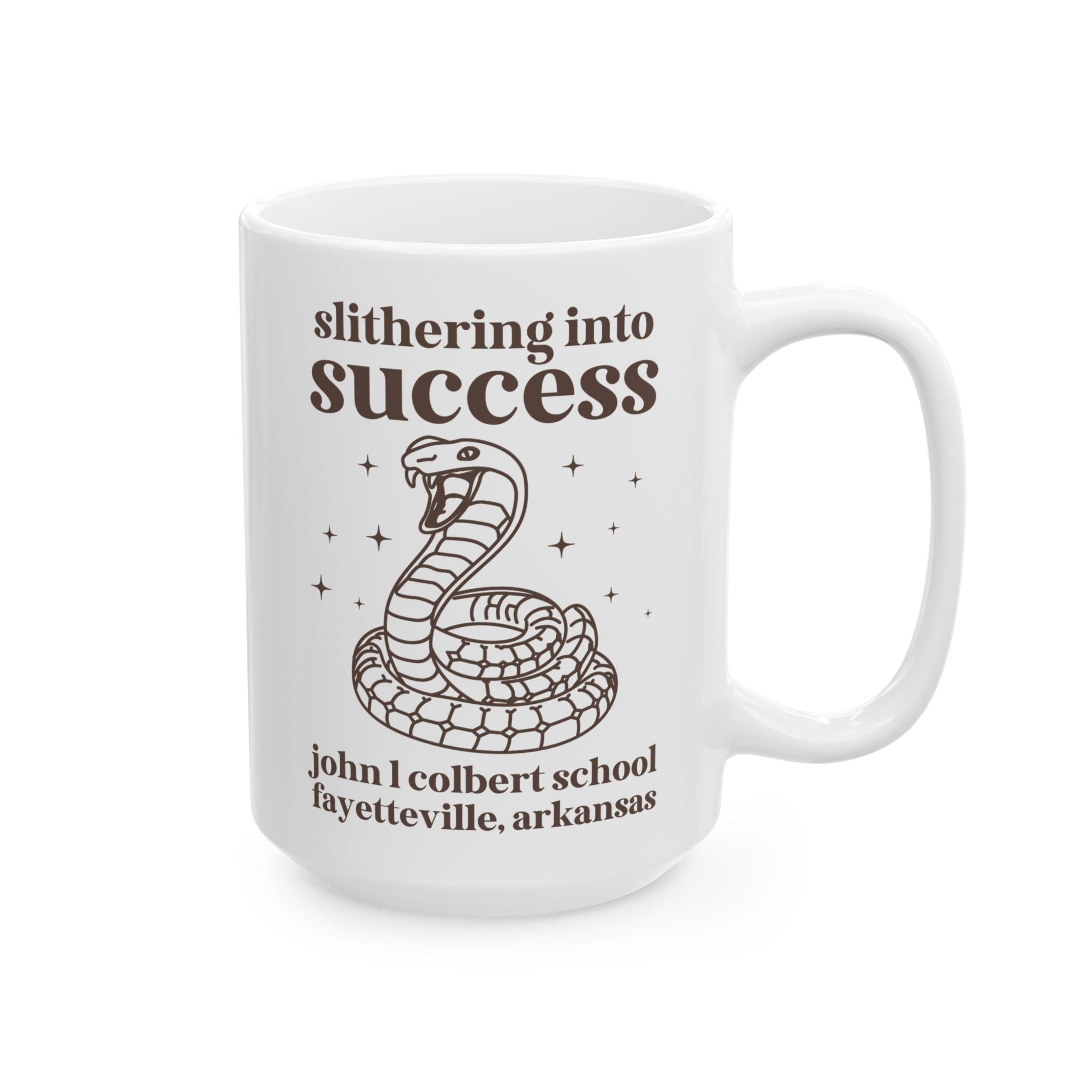 John L Colbert Coffee Mug: Slithering into Success | FPS + Opal and June 15 Oz Coffee Mug, Fayetteville Public Schools - Opal and June