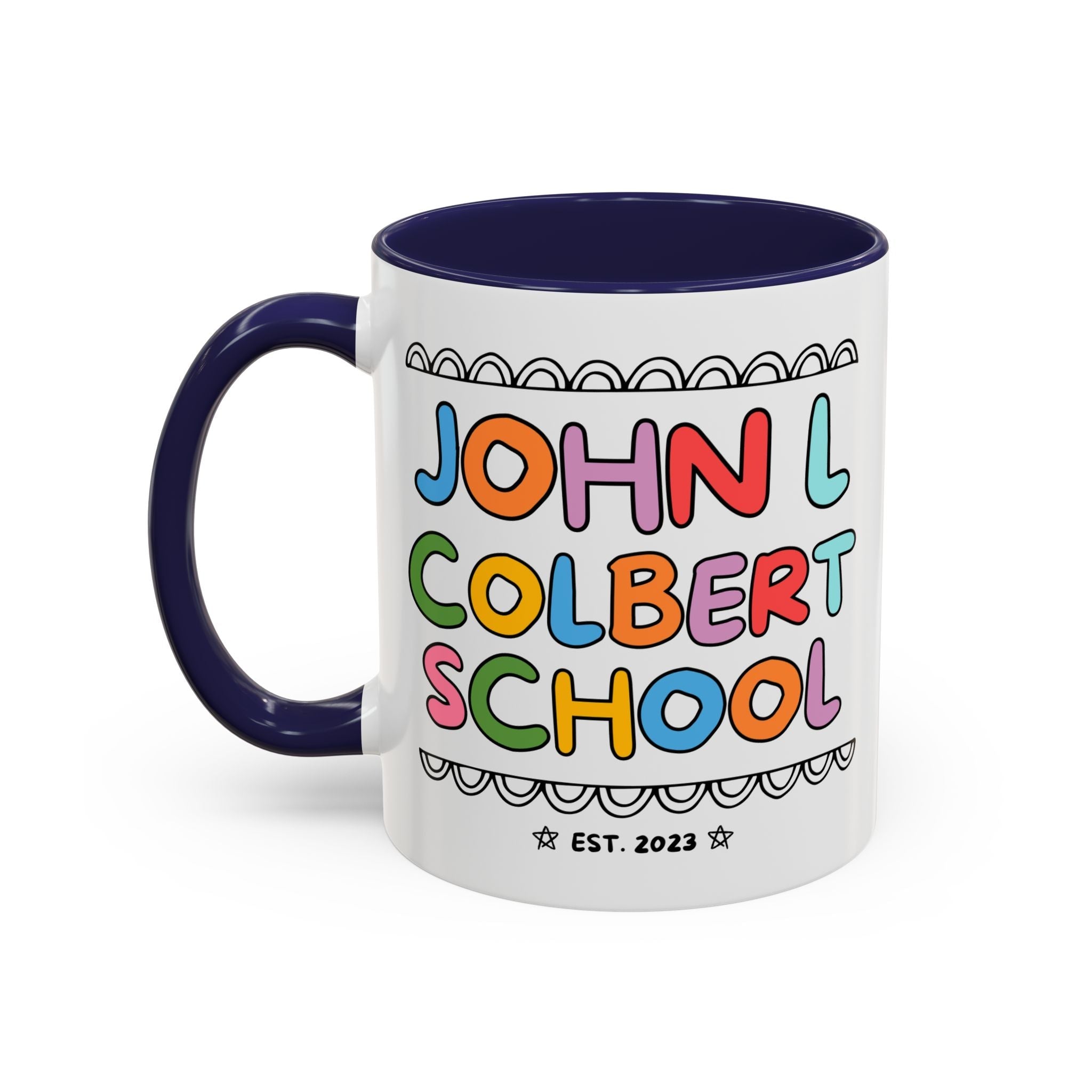 John L Colbert School 11 Oz Coffee Mug: Rainbow Letters | FPS + Opal and June Coffee Mug, Fayetteville Public Schools - Opal and June