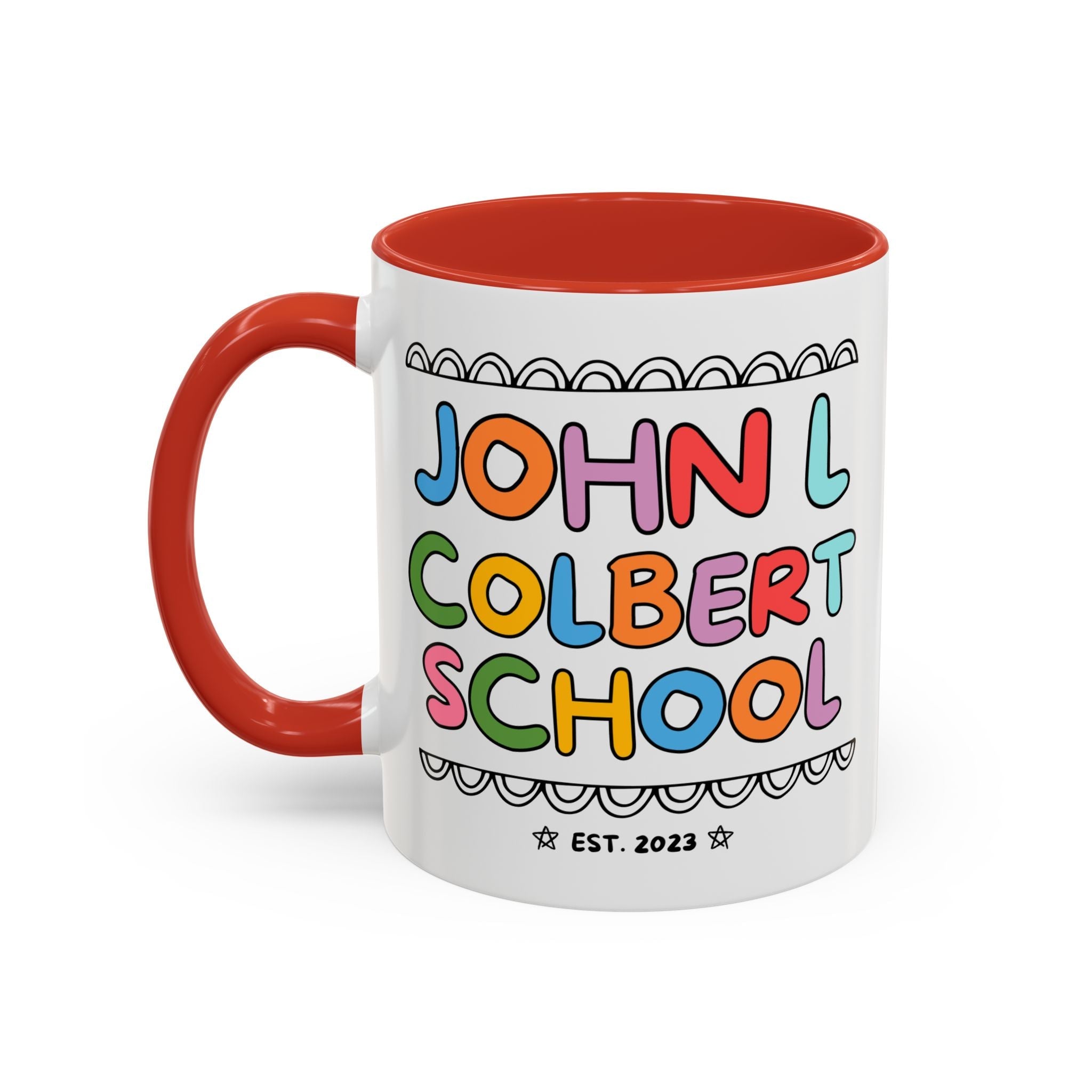 John L Colbert School 11 Oz Coffee Mug: Rainbow Letters | FPS + Opal and June Coffee Mug, Fayetteville Public Schools - Opal and June
