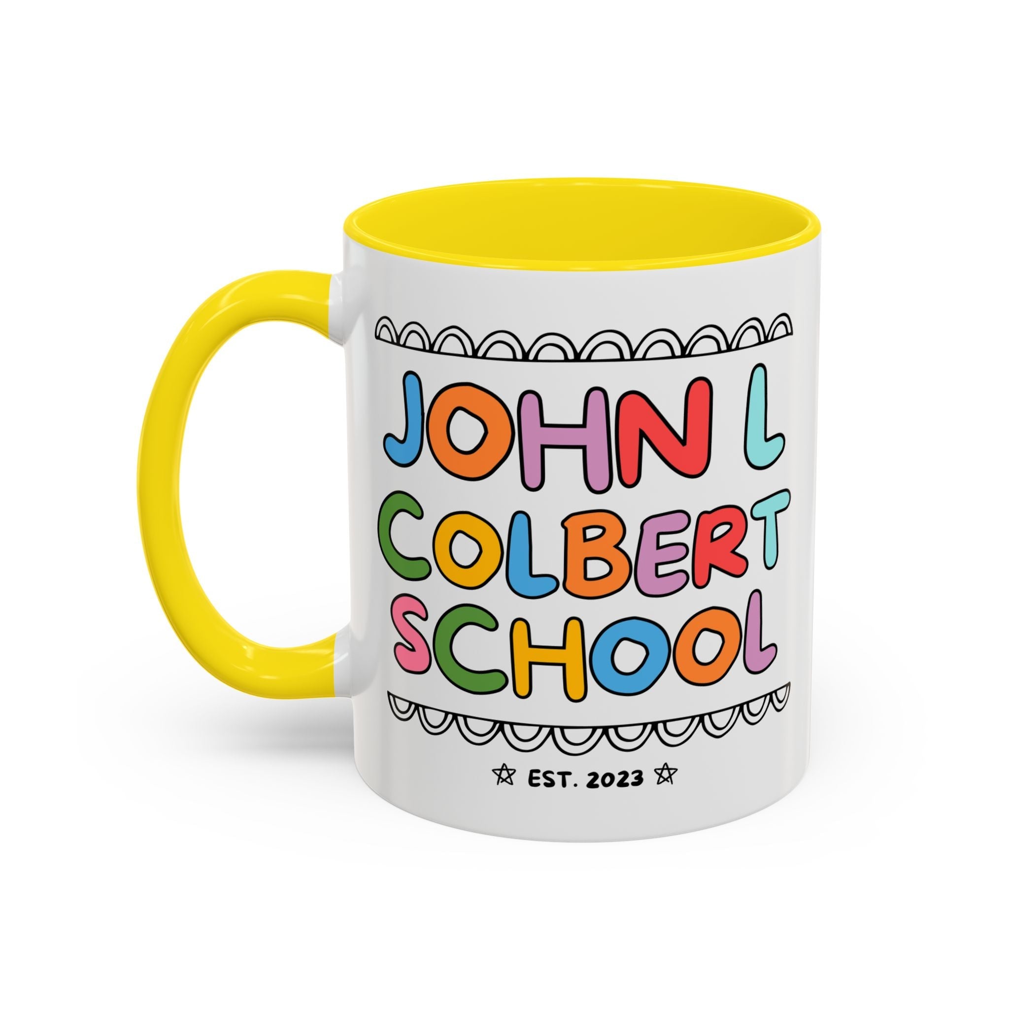 John L Colbert School 11 Oz Coffee Mug: Rainbow Letters | FPS + Opal and June Coffee Mug, Fayetteville Public Schools - Opal and June