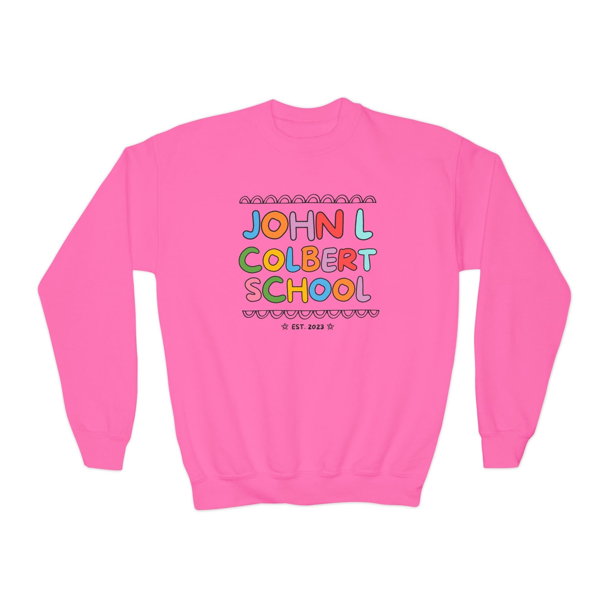 John L Colbert School Kids Sweatshirt: Rainbow Letters | FPS + Opal and June Kids Sweatshirt, Fayetteville Public Schools - Opal and June