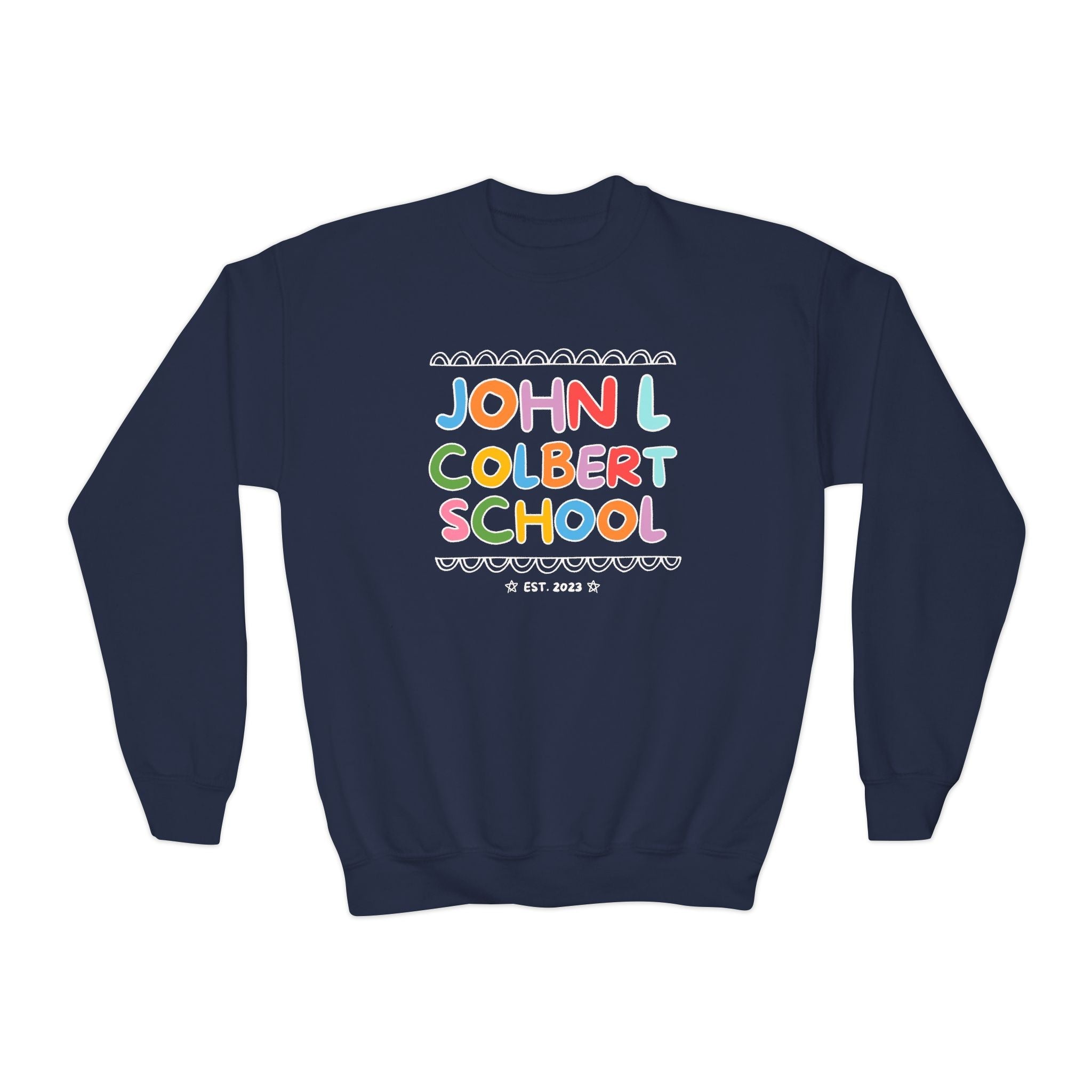 John L Colbert School Kids Sweatshirt: Rainbow Letters | FPS + Opal and June Kids Sweatshirt, Fayetteville Public Schools - Opal and June