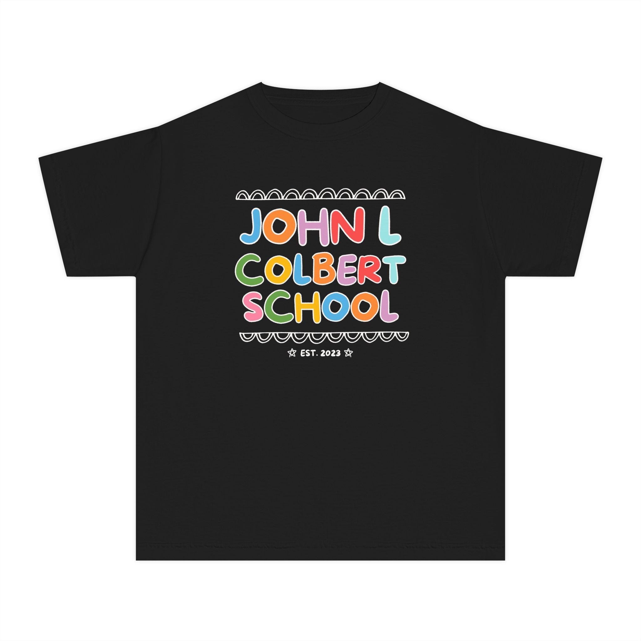 John L Colbert School Kids Tee Shirt: Rainbow Letters | FPS + Opal and June Kids Tee Shirt, Fayetteville Public Schools - Opal and June