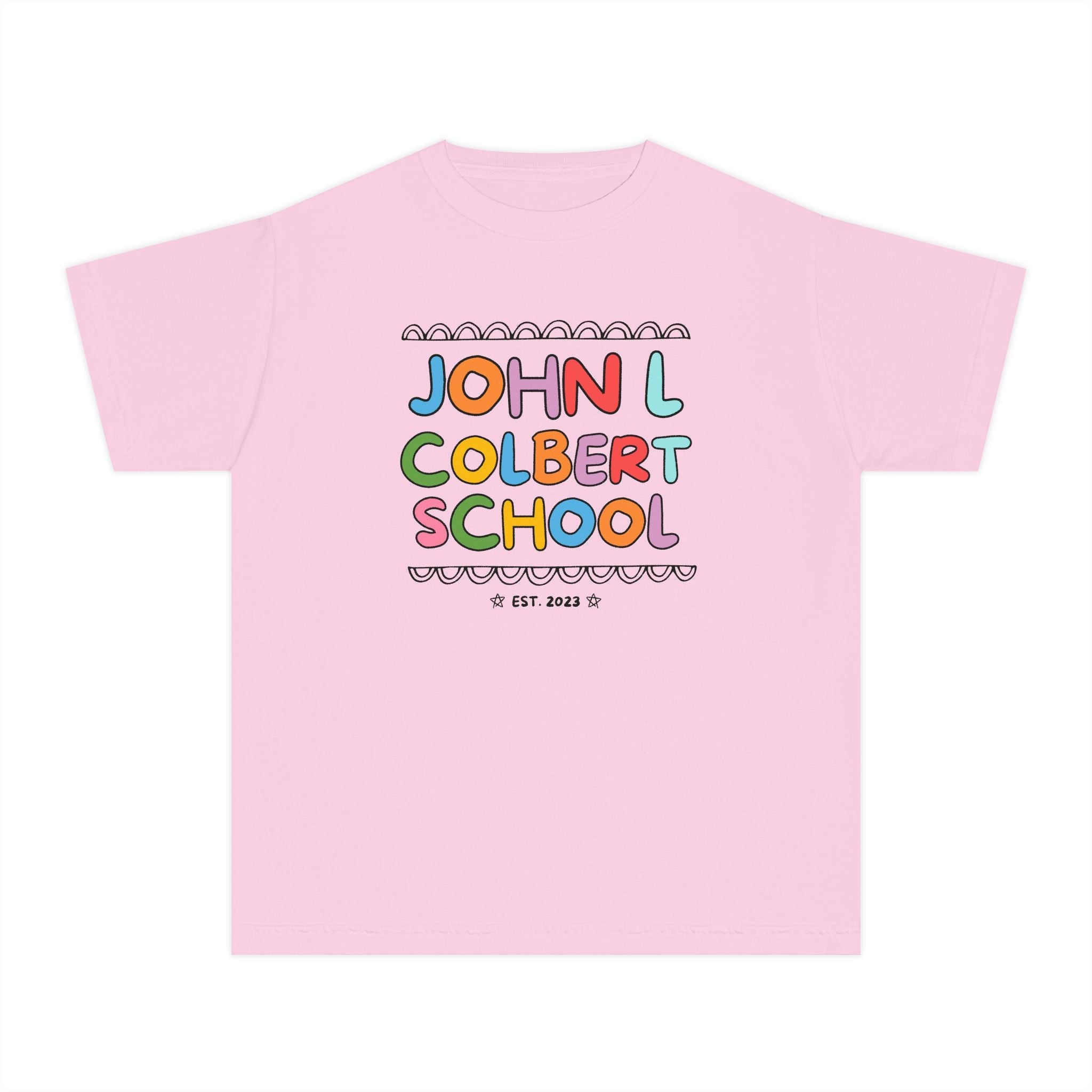 John L Colbert School Kids Tee Shirt: Rainbow Letters | FPS + Opal and June Kids Tee Shirt, Fayetteville Public Schools - Opal and June