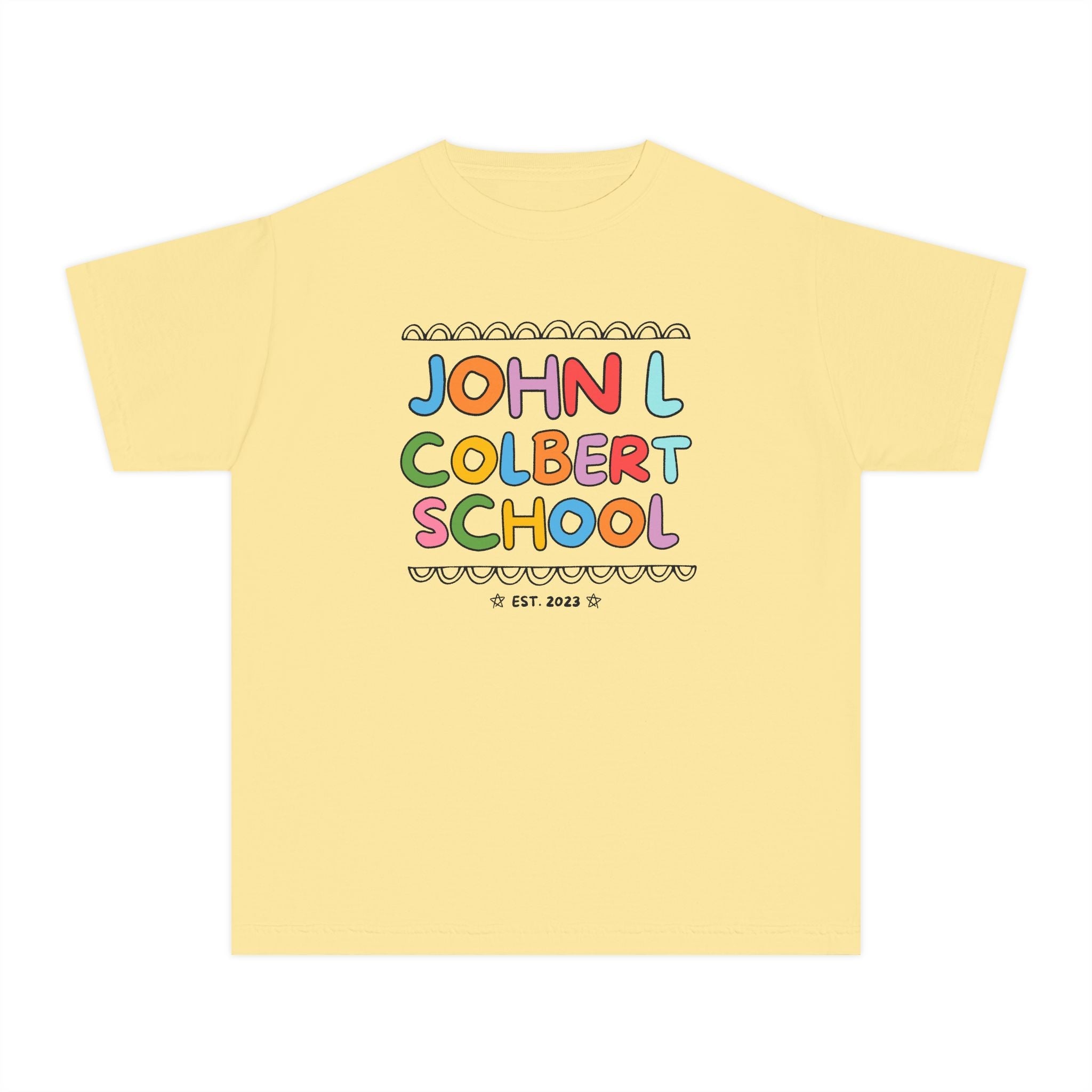 John L Colbert School Kids Tee Shirt: Rainbow Letters | FPS + Opal and June Kids Tee Shirt, Fayetteville Public Schools - Opal and June