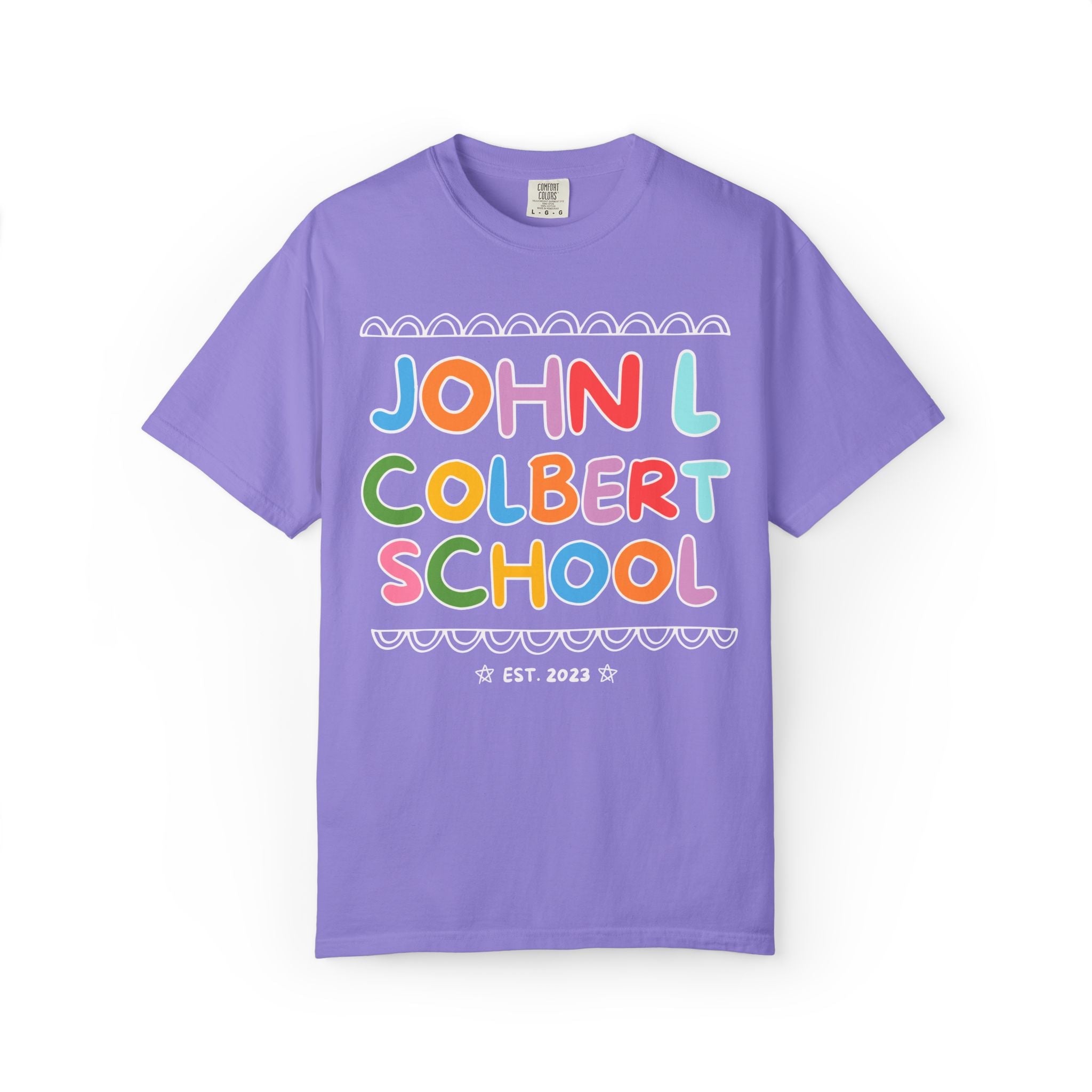 John L Colbert School Tee Shirt: Rainbow Letters | FPS + Opal and June Tee Shirt, Fayetteville Public Schools - Opal and June