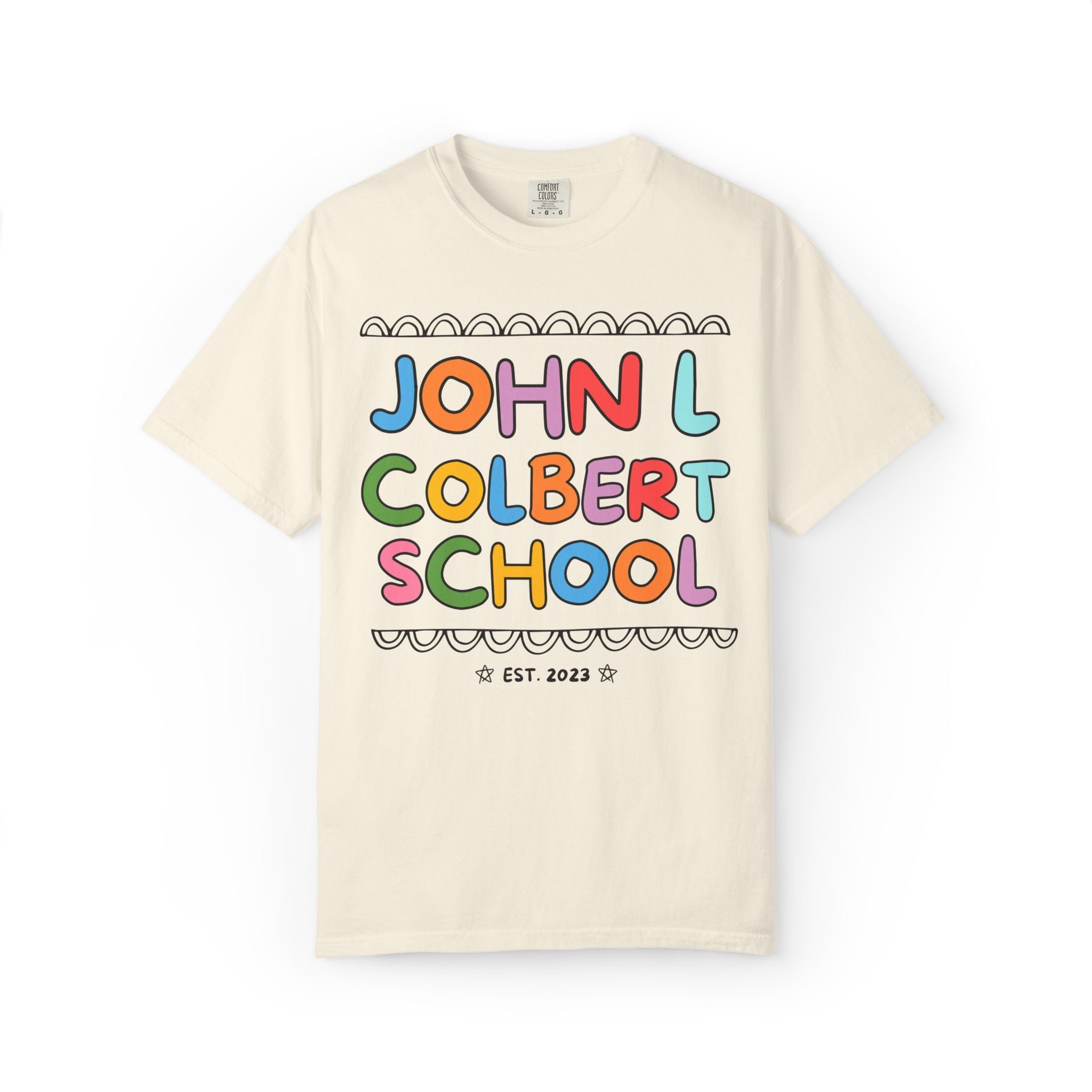 John L Colbert School Tee Shirt: Rainbow Letters | FPS + Opal and June Tee Shirt, Fayetteville Public Schools - Opal and June