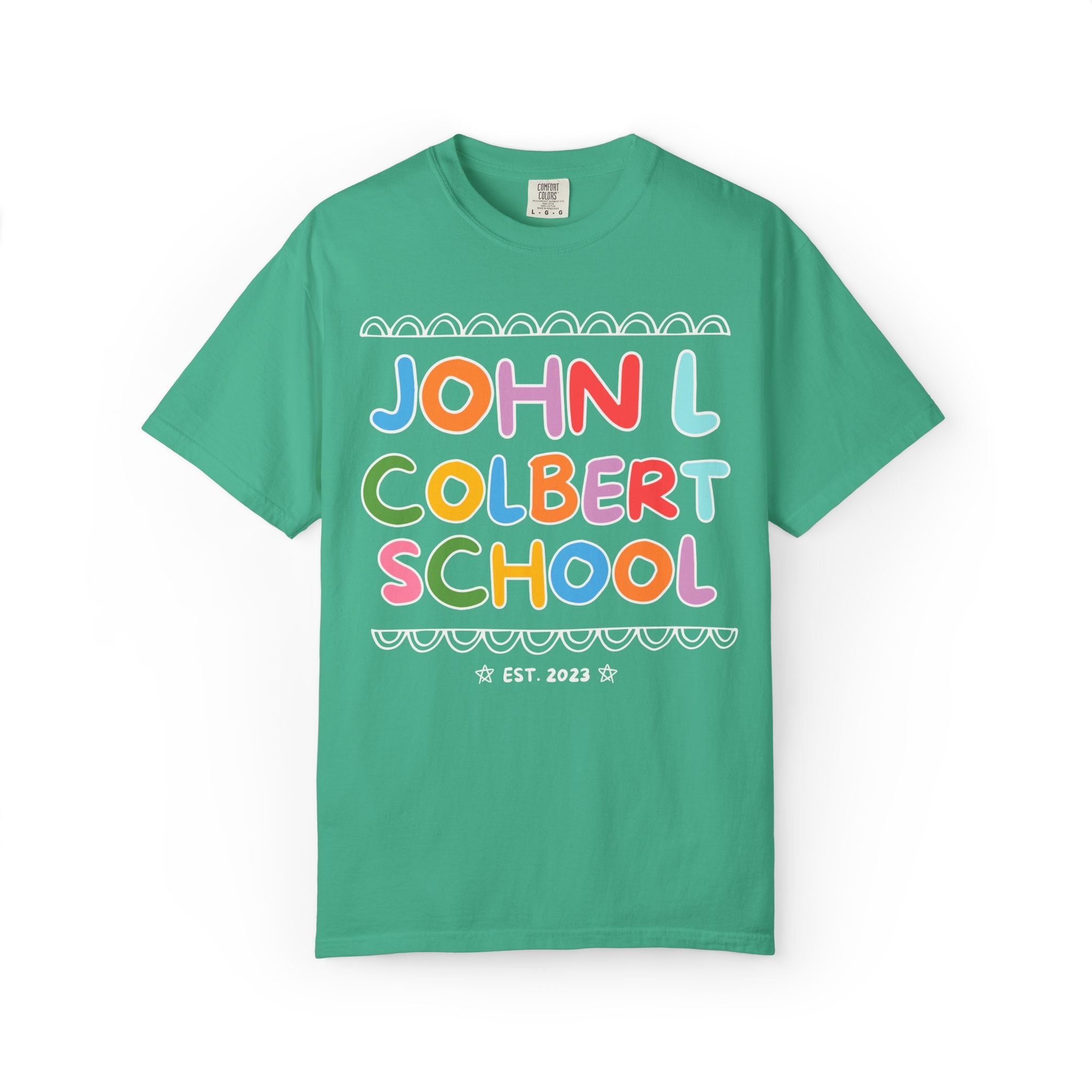 John L Colbert School Tee Shirt: Rainbow Letters | FPS + Opal and June Tee Shirt, Fayetteville Public Schools - Opal and June
