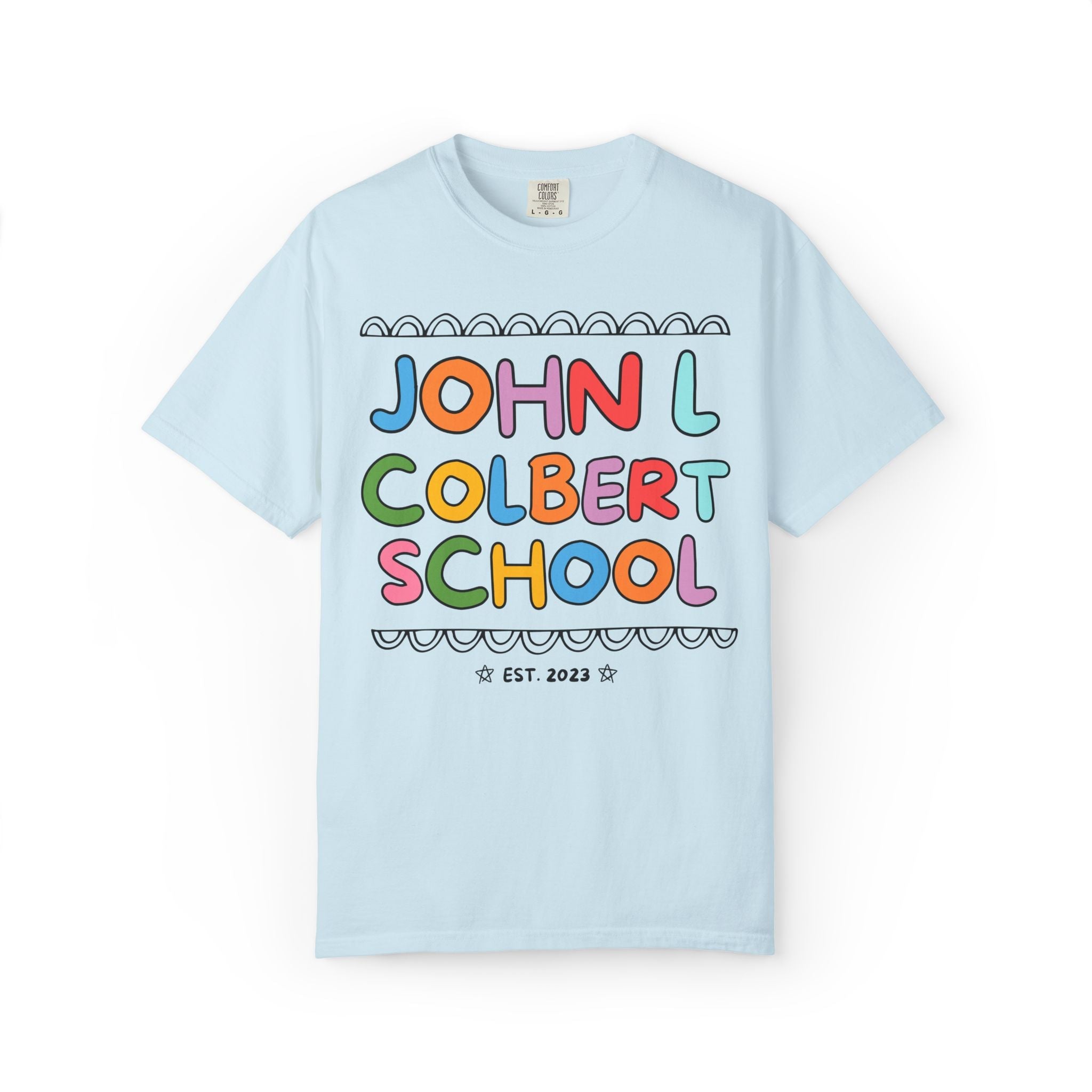 John L Colbert School Tee Shirt: Rainbow Letters | FPS + Opal and June Tee Shirt, Fayetteville Public Schools - Opal and June