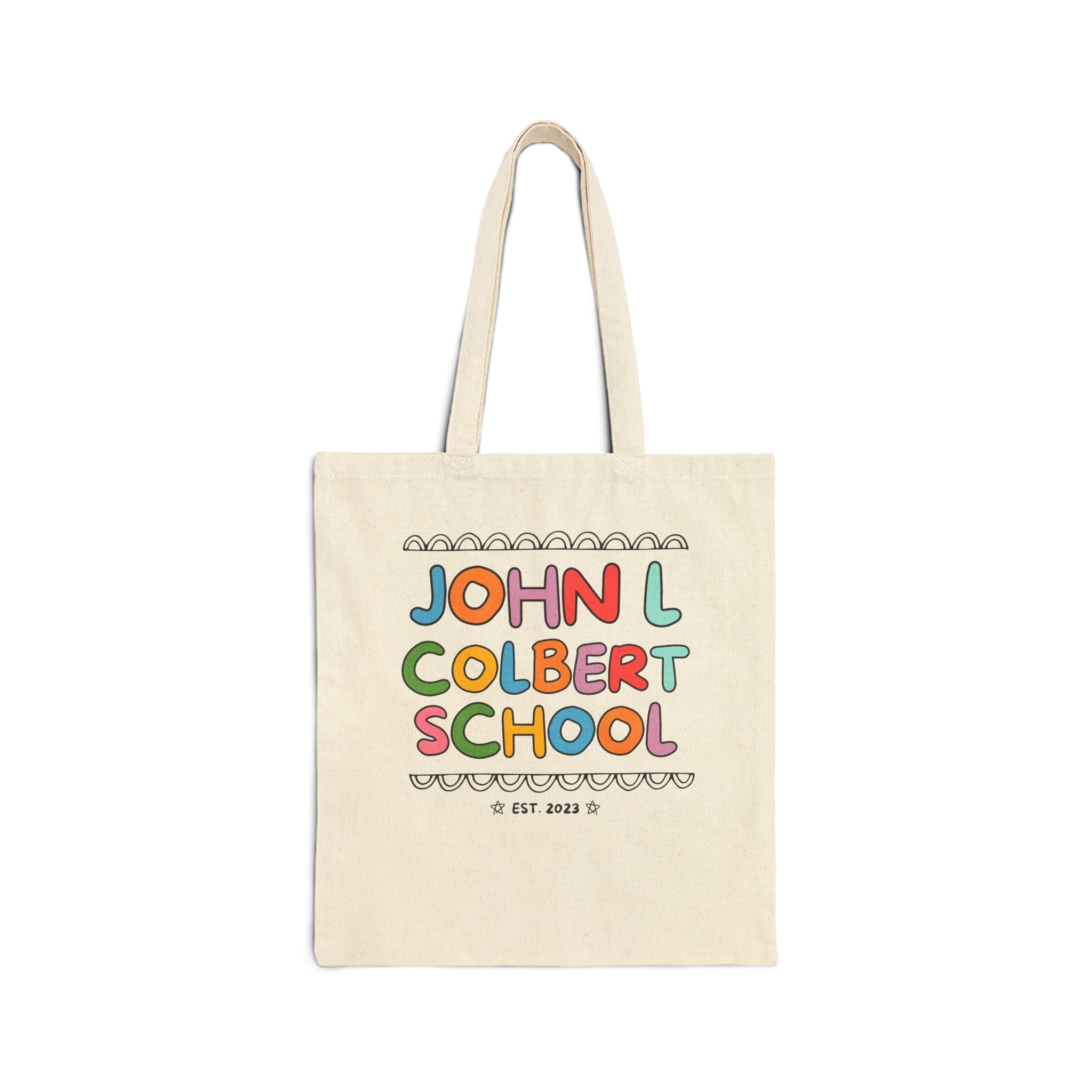 John L Colbert School Tote Bag: Rainbow Letters | FPS + Opal and June Tote Bag, Fayetteville Public Schools - Opal and June