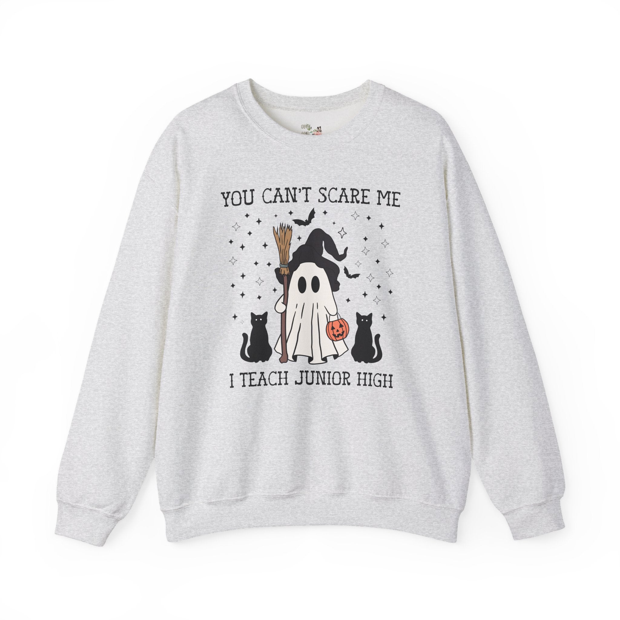 Junior High Teacher Halloween Sweatshirt with Cute Retro Ghost: You Can't Scare Me, Funny Saying Spooky Season Shirt for 7th Grade Teacher - Opal and June
