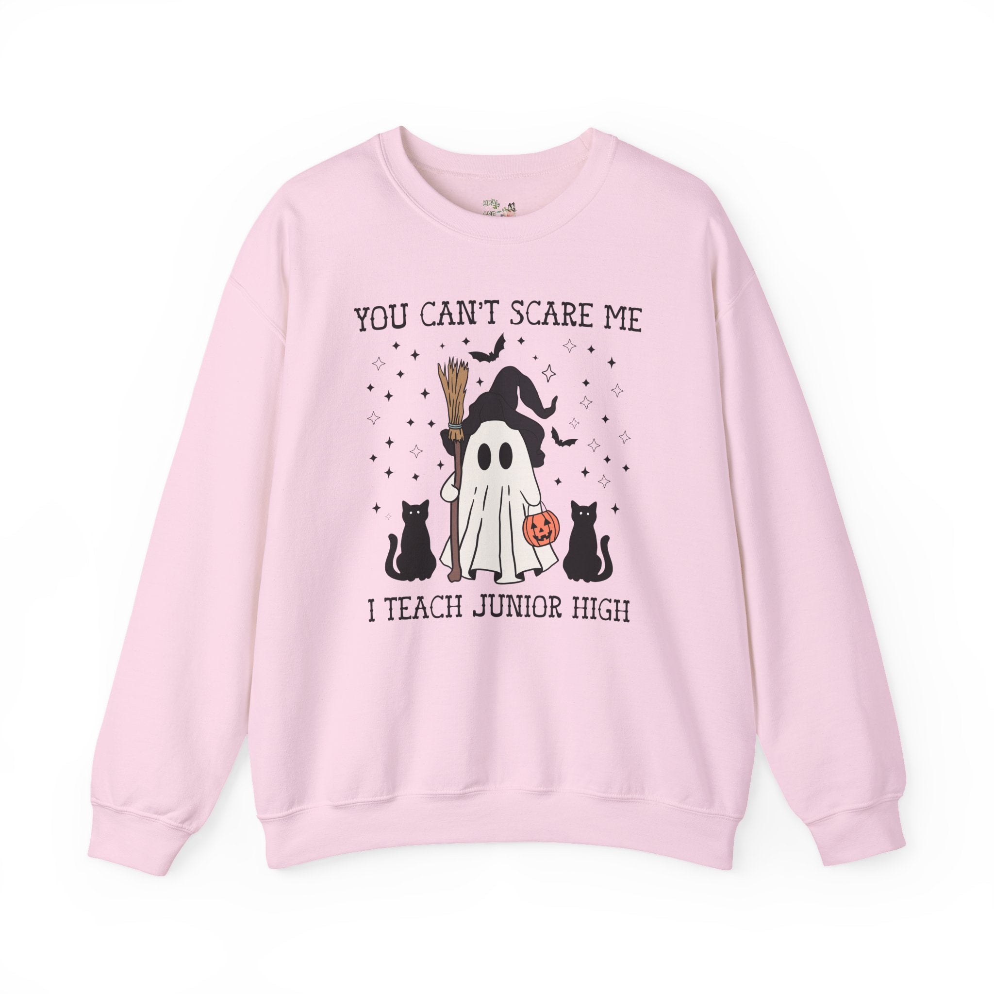 Junior High Teacher Halloween Sweatshirt with Cute Retro Ghost: You Can't Scare Me, Funny Saying Spooky Season Shirt for 7th Grade Teacher - Opal and June