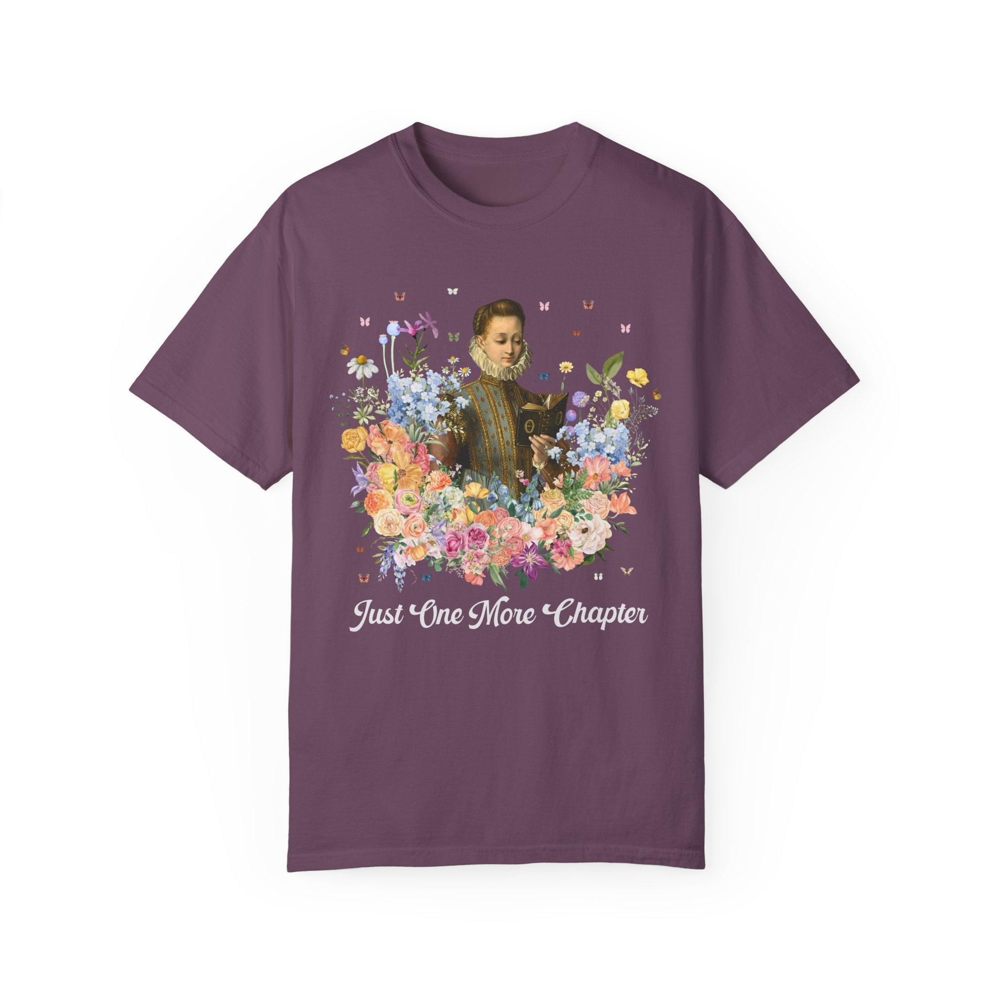 Just On More Chapter: Medieval Book Lover Tee Shirt with Butterflies, Floral Goblincore Reading T-Shirt for Librarian, Romance Reader Gift - Opal and June