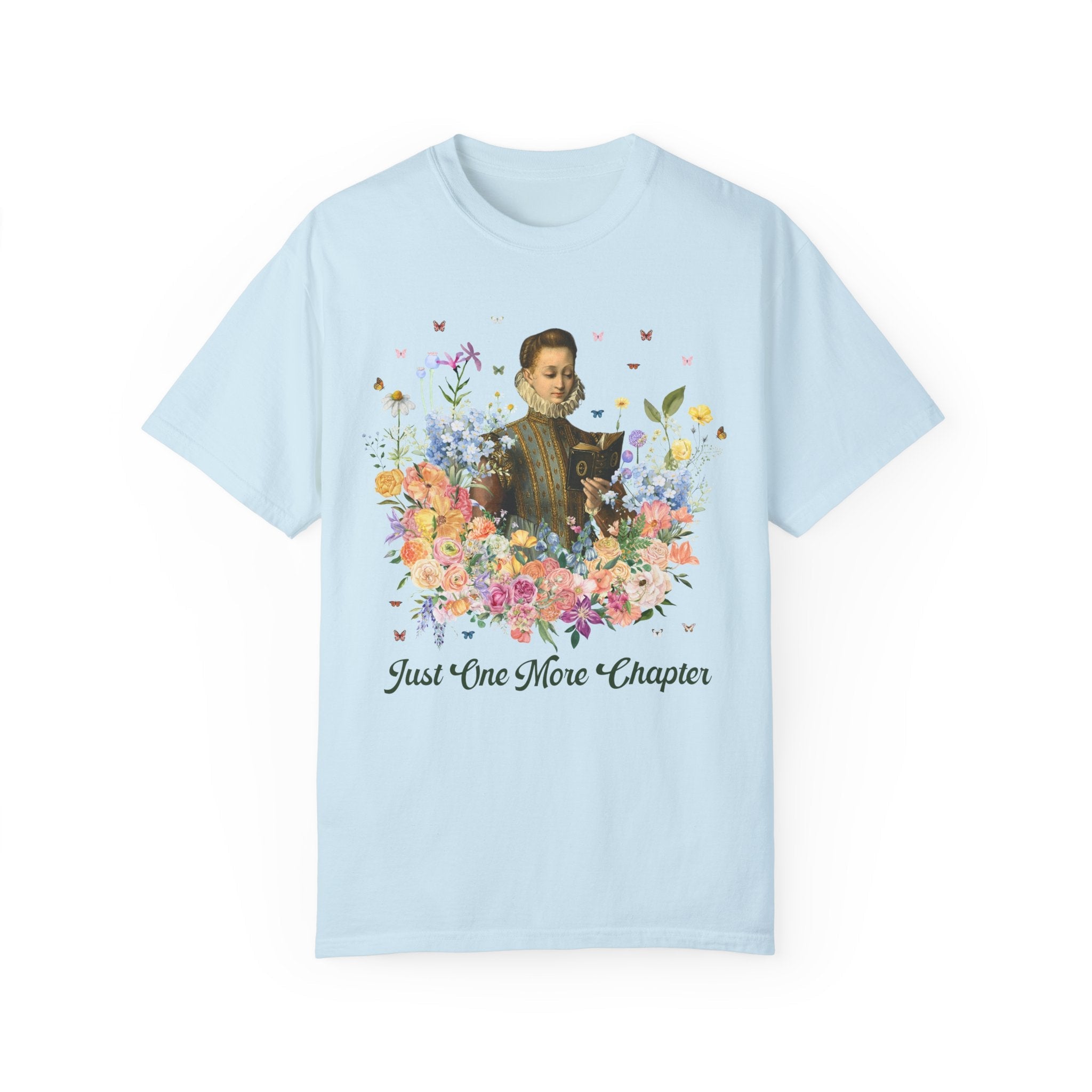 Just On More Chapter: Medieval Book Lover Tee Shirt with Butterflies, Floral Goblincore Reading T-Shirt for Librarian, Romance Reader Gift - Opal and June