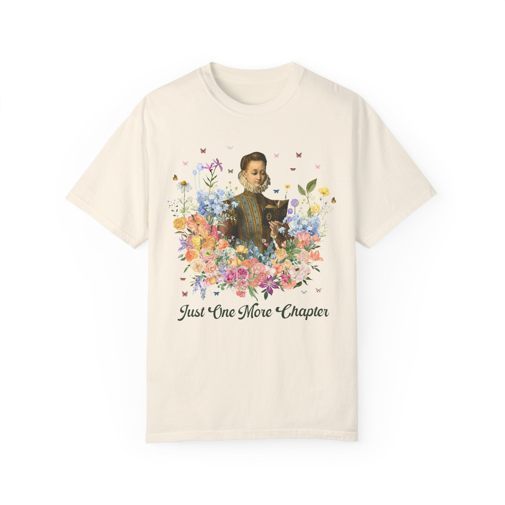 Just On More Chapter: Medieval Book Lover Tee Shirt with Butterflies, Floral Goblincore Reading T-Shirt for Librarian, Romance Reader Gift - Opal and June