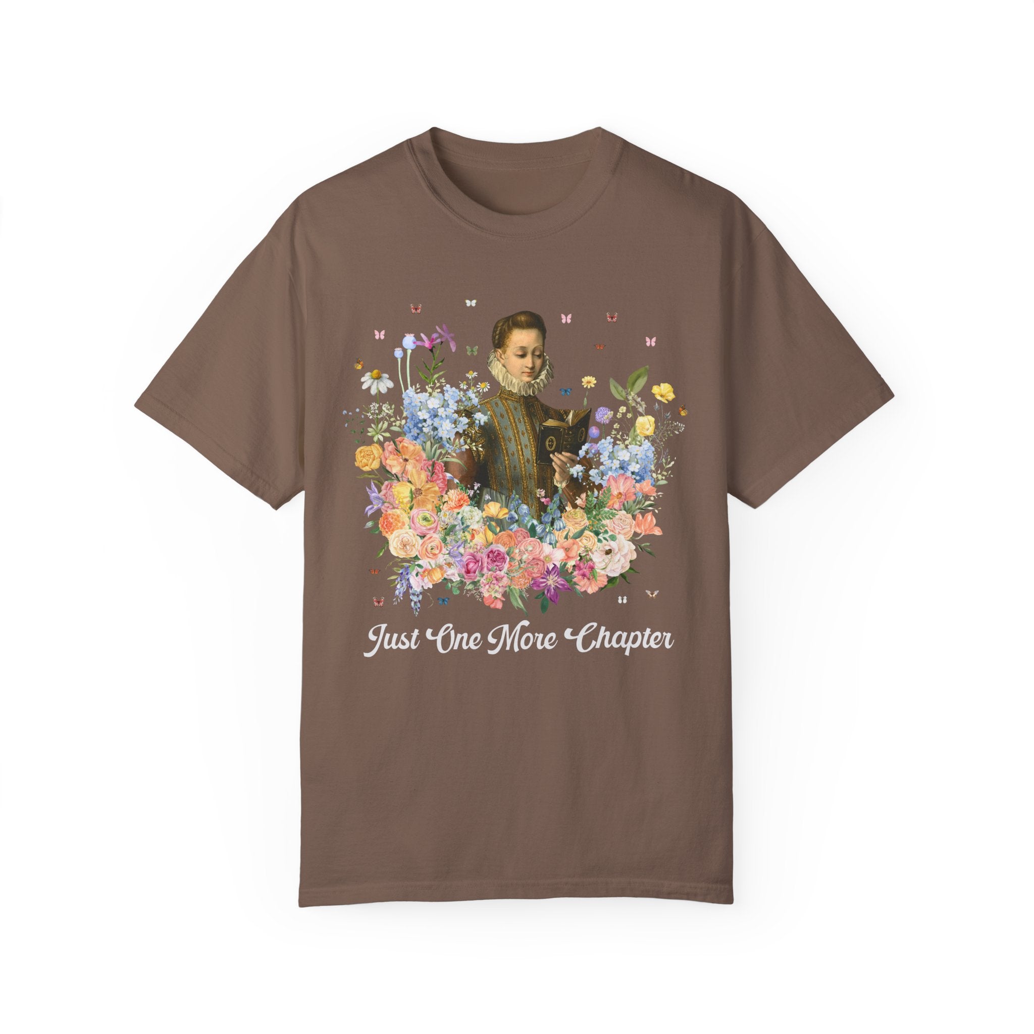 Just On More Chapter: Medieval Book Lover Tee Shirt with Butterflies, Floral Goblincore Reading T-Shirt for Librarian, Romance Reader Gift - Opal and June