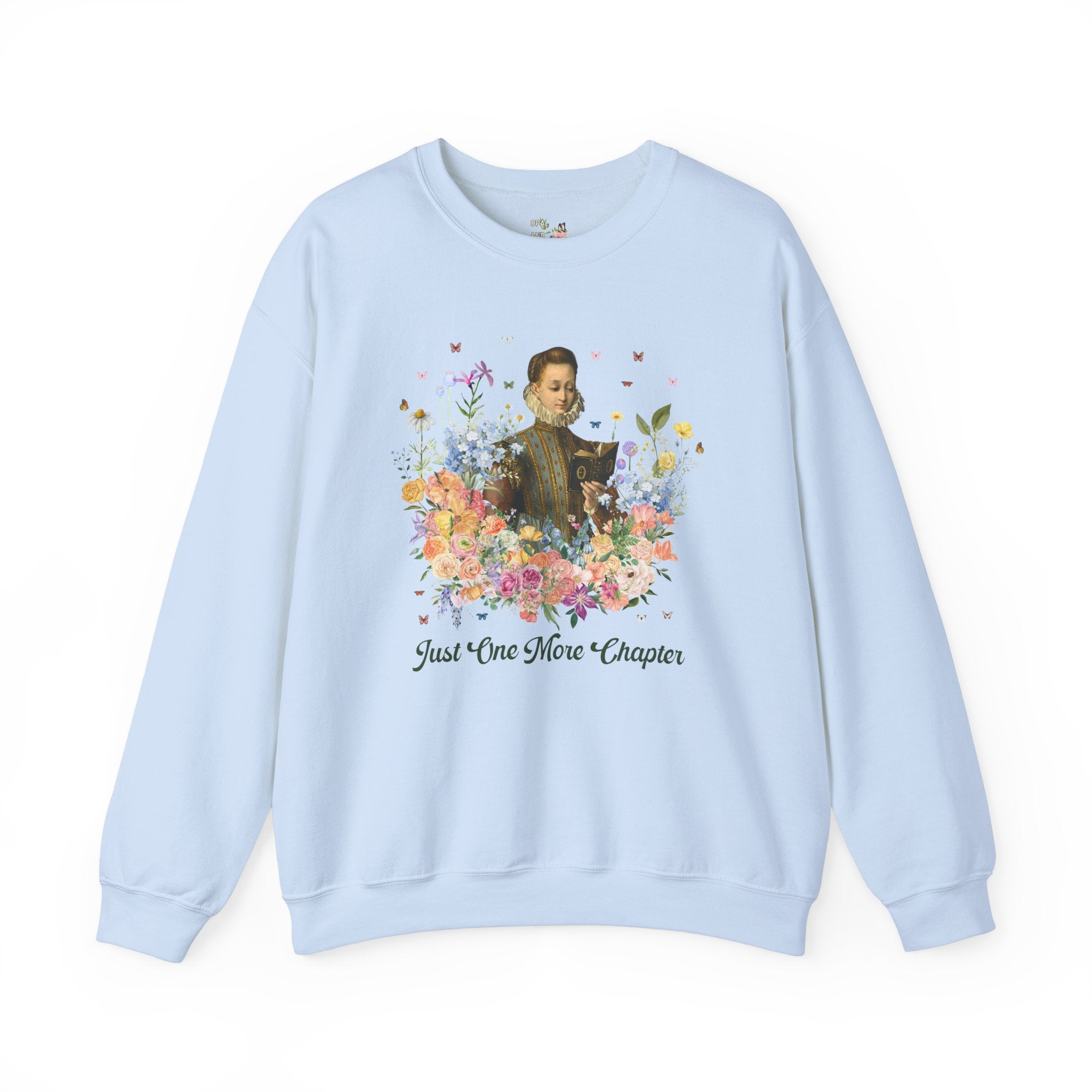Just One More Chapter: Medieval Book Lover Sweatshirt with Butterflies, Floral Goblincore Reading Shirt for Librarian, Romance Reader Gift - Opal and June