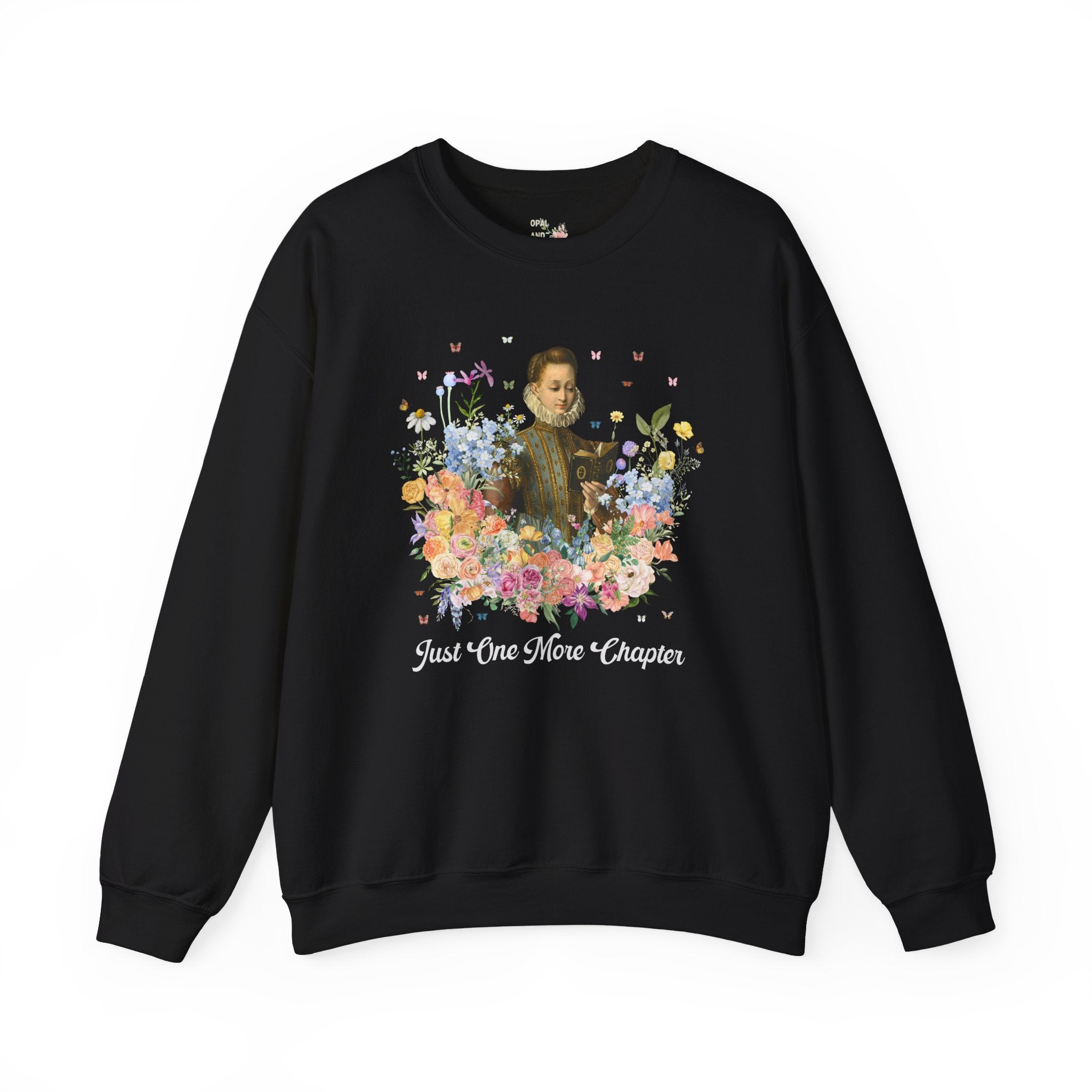 Just One More Chapter: Medieval Book Lover Sweatshirt with Butterflies, Floral Goblincore Reading Shirt for Librarian, Romance Reader Gift - Opal and June