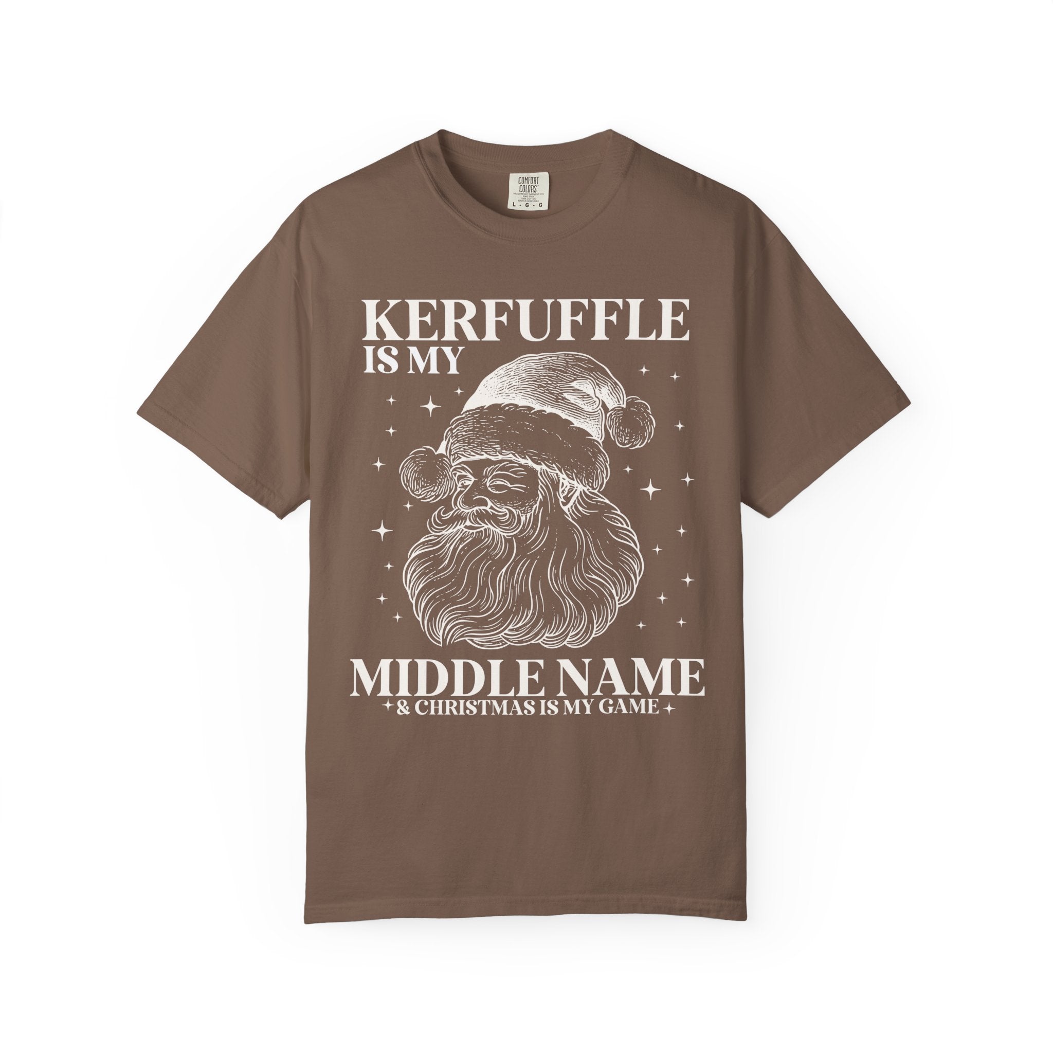 Kerfuffle is My Middle Name Silly Christmas Lover Tee Shirt with Vintage Aesthetic Santa and Stars: Cute Funny Saying Xmas Tee with Stars - Opal and June