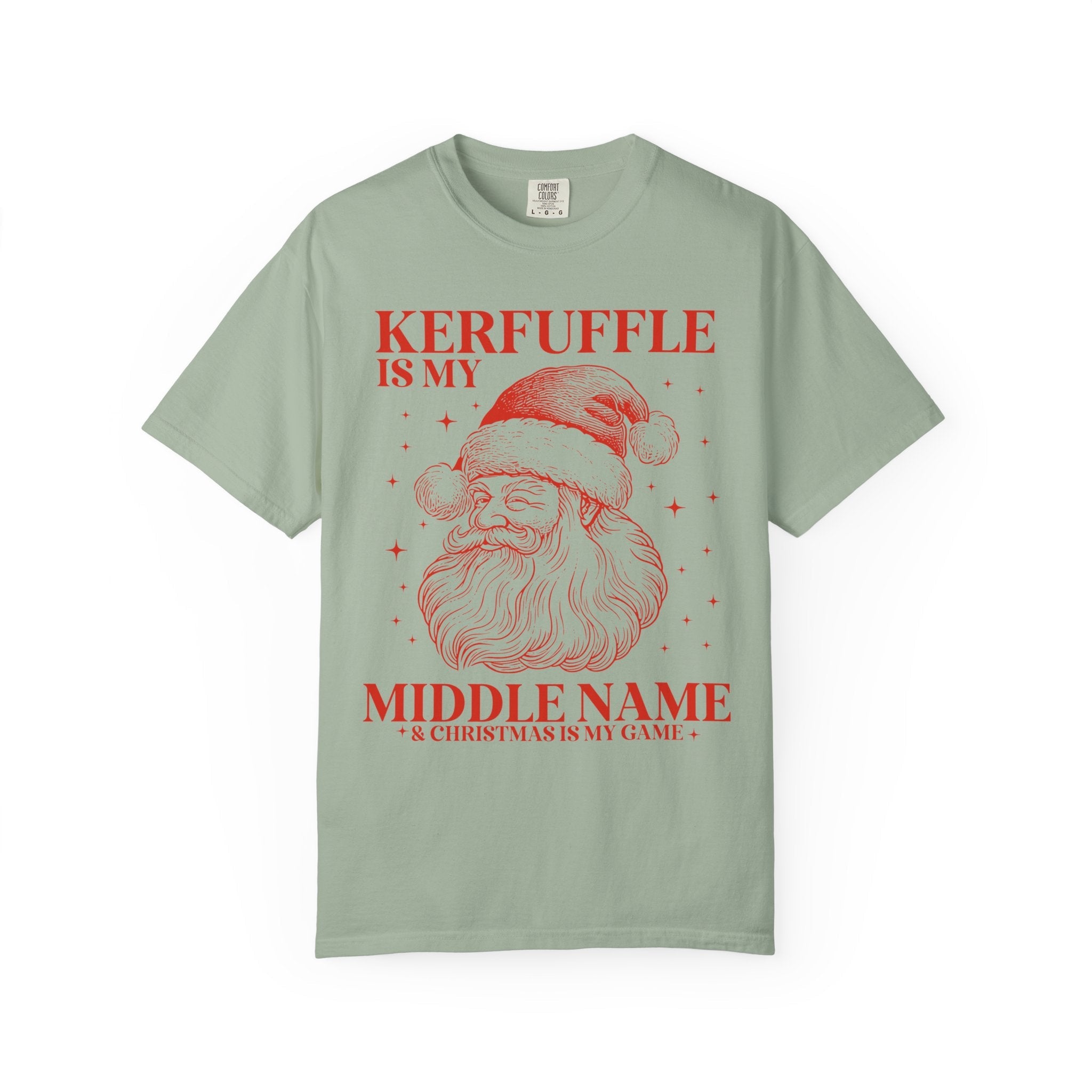 Kerfuffle is My Middle Name Silly Christmas Lover Tee Shirt with Vintage Aesthetic Santa and Stars: Cute Funny Saying Xmas Tee with Stars - Opal and June