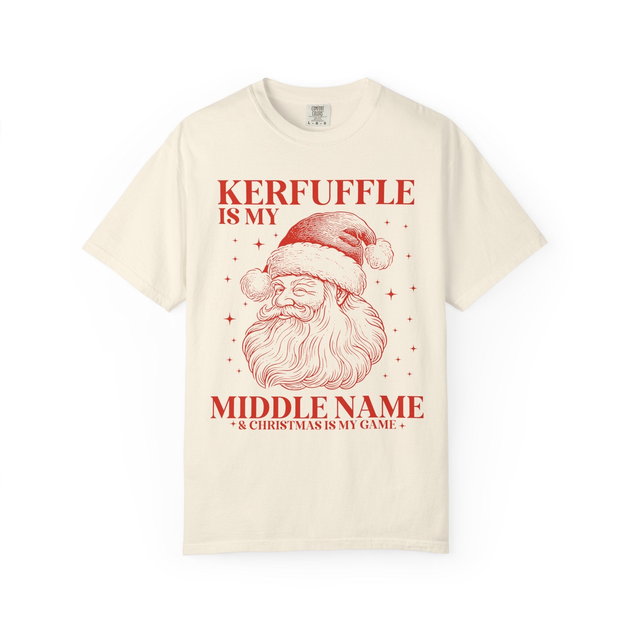 Kerfuffle is My Middle Name Silly Christmas Lover Tee Shirt with Vintage Aesthetic Santa and Stars: Cute Funny Saying Xmas Tee with Stars - Opal and June
