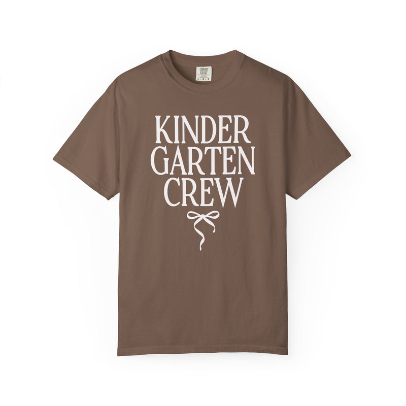 Kindergarten Crew Matching Teacher Tee Shirt with Messy Coquette Bow, Colorful Kindergarten Teacher Tee for Back to School, Meet the Teacher - Opal and June
