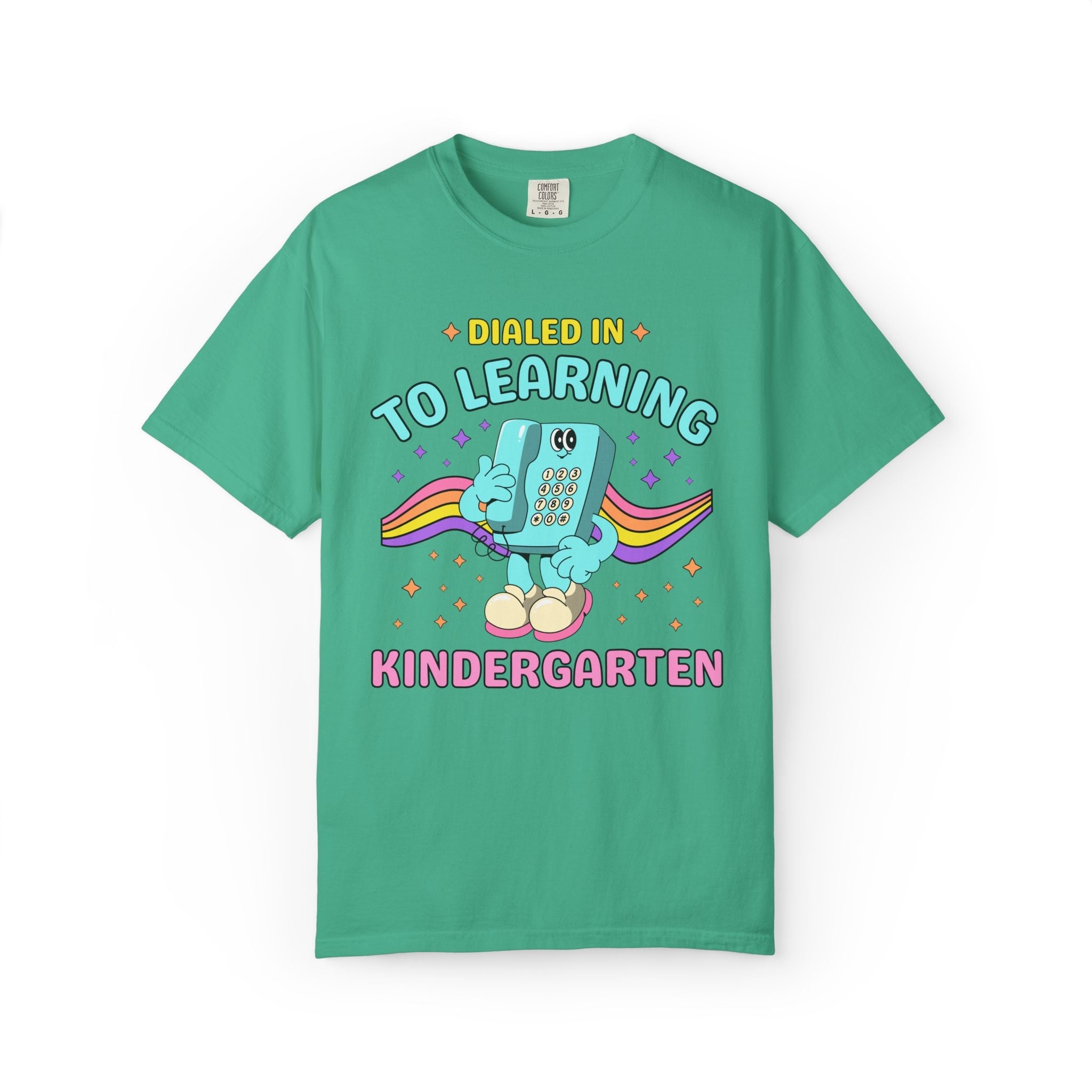 Kindergarten Dialed Into Learning Retro Grade Level T-Shirt for Teachers: Cute and Funny Matching Teacher, Back to School, Testing Day - Opal and June