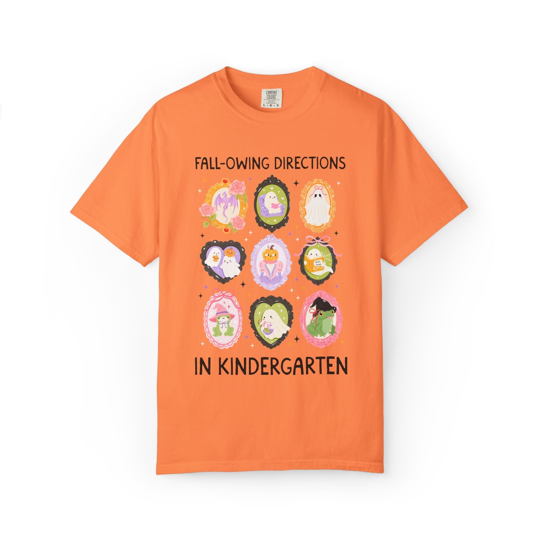 Kindergarten Halloween Teacher Tee: Fall-Owing Directions Pastel Goth Teacher Team T-Shirt for Fall, Cute Spooky Season Frog Tee with Ghosts - Opal and June